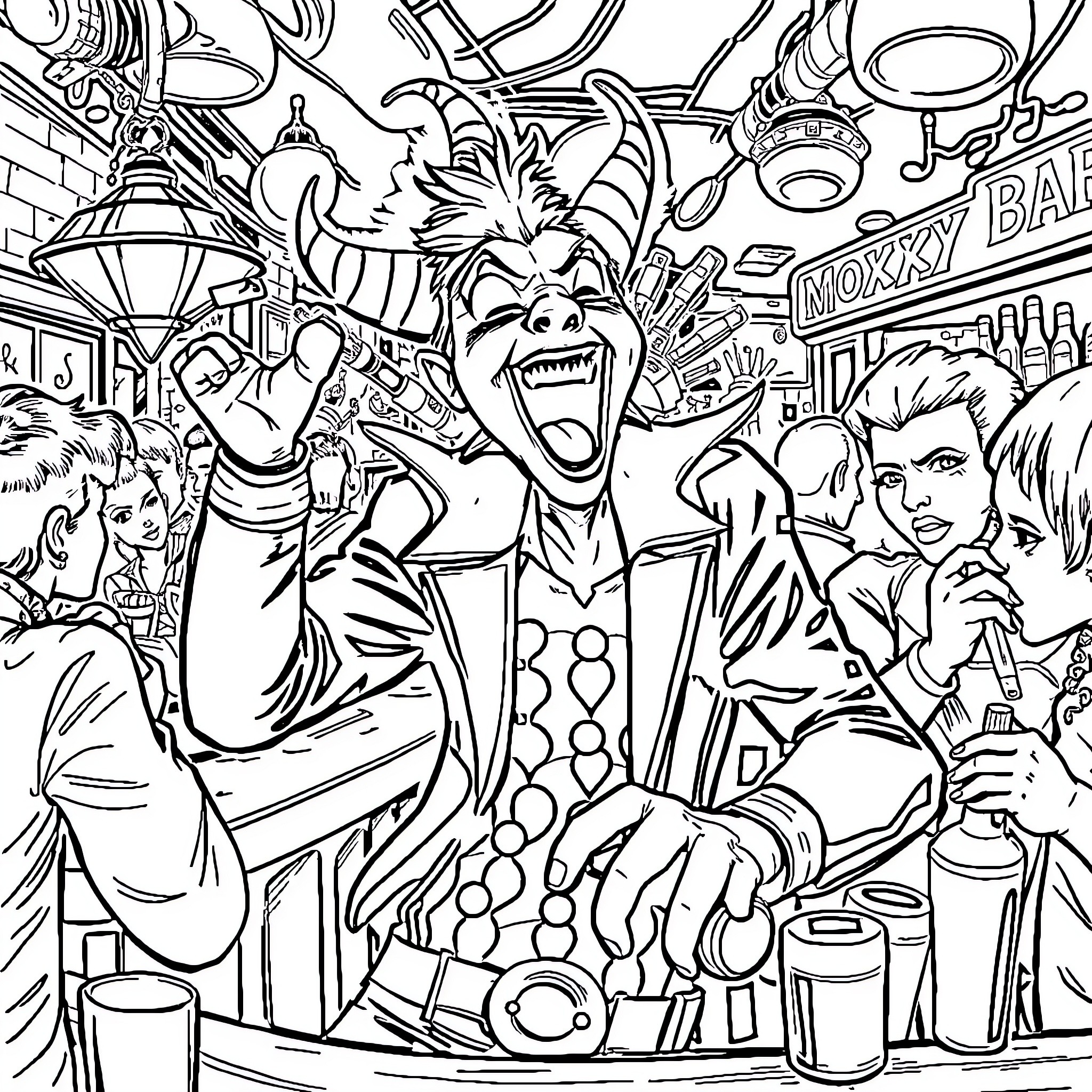 Moxxi's Mayhem: A Chaotic Carnival of Characters Coloring Page (free black-and-white line drawing printable PDF for all, from beginners to advanced learners, including children, teens, adults, and seniors)