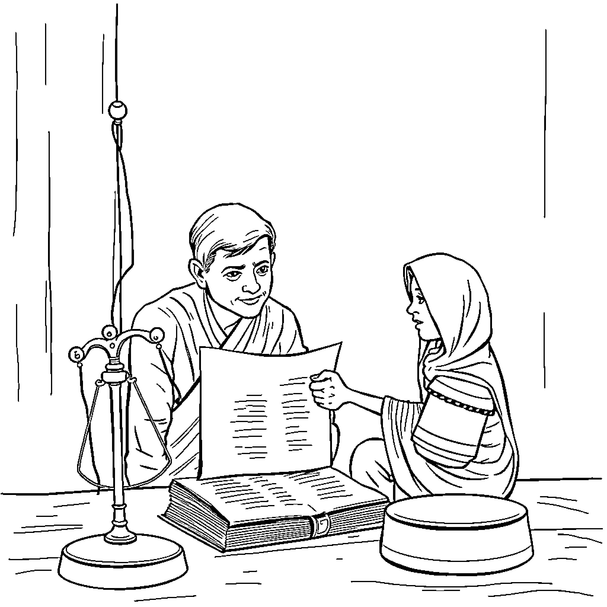 False 498A Case: Courtroom Interaction Coloring Page (free black-and-white line drawing printable PDF for all, from beginners to advanced learners, including children, teens, adults, and seniors)