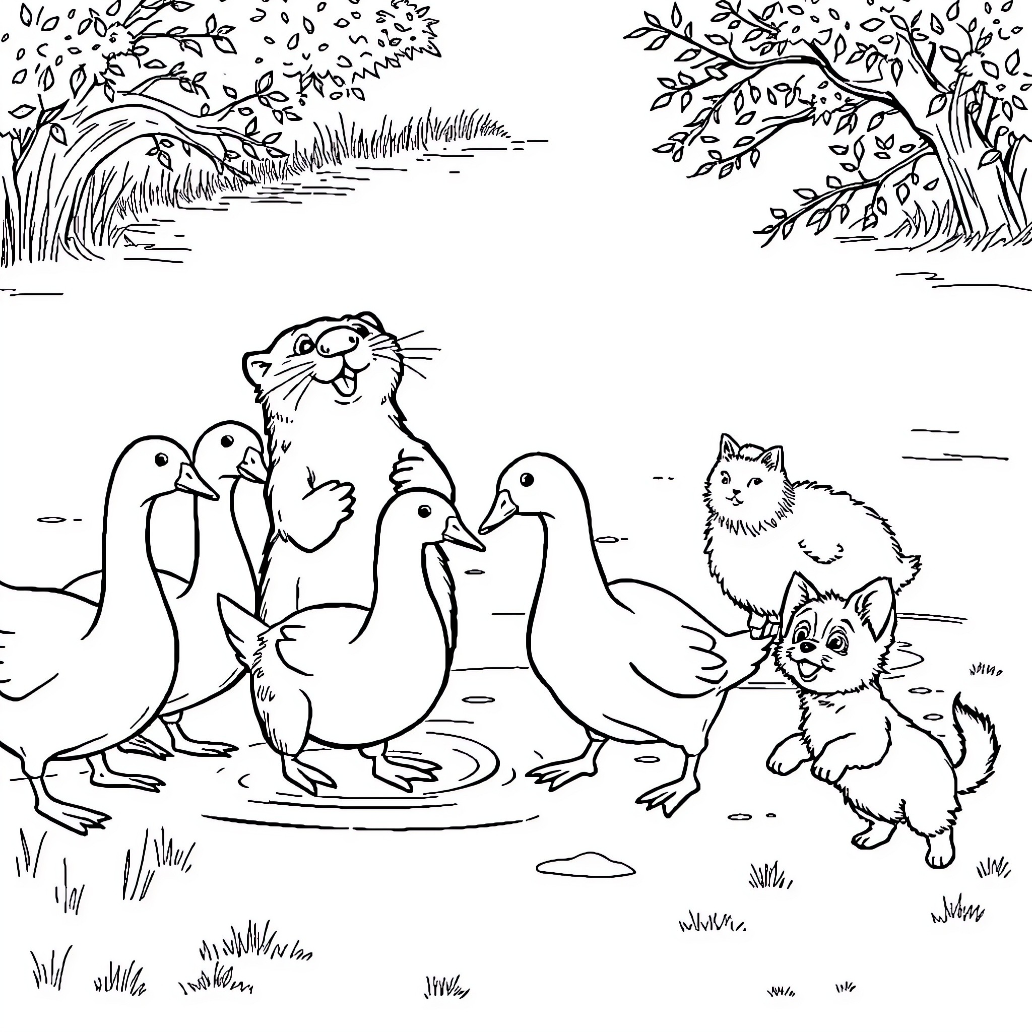 Otter enjoying nature with friends Coloring Page (free black-and-white line drawing printable PDF for all, from beginners to advanced learners, including children, teens, adults, and seniors)