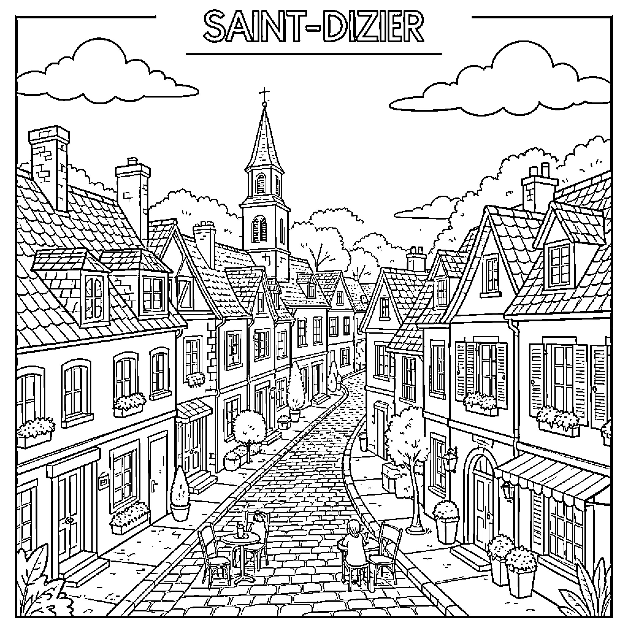 City with traditional European architecture and street life Coloring Page (free black-and-white line drawing printable PDF for all, from beginners to advanced learners, including children, teens, adults, and seniors)