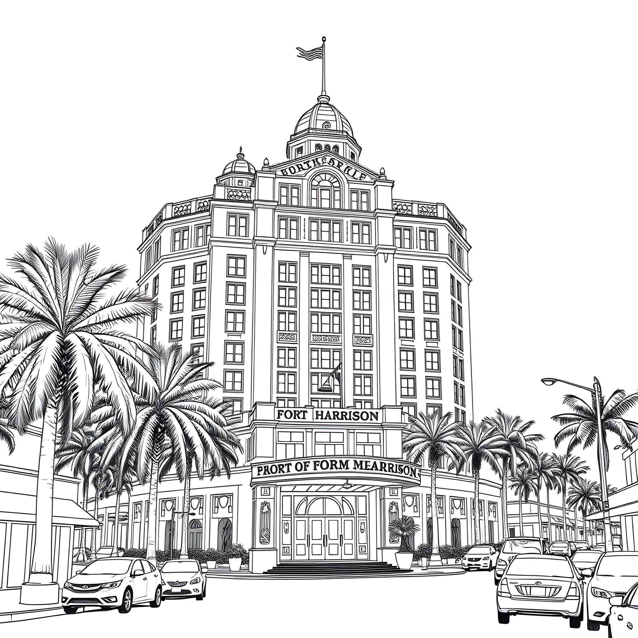Hotel with ornate architecture and palm trees in the foreground Coloring Page (free black-and-white line drawing printable PDF for all, from beginners to advanced learners, including children, teens, adults, and seniors)