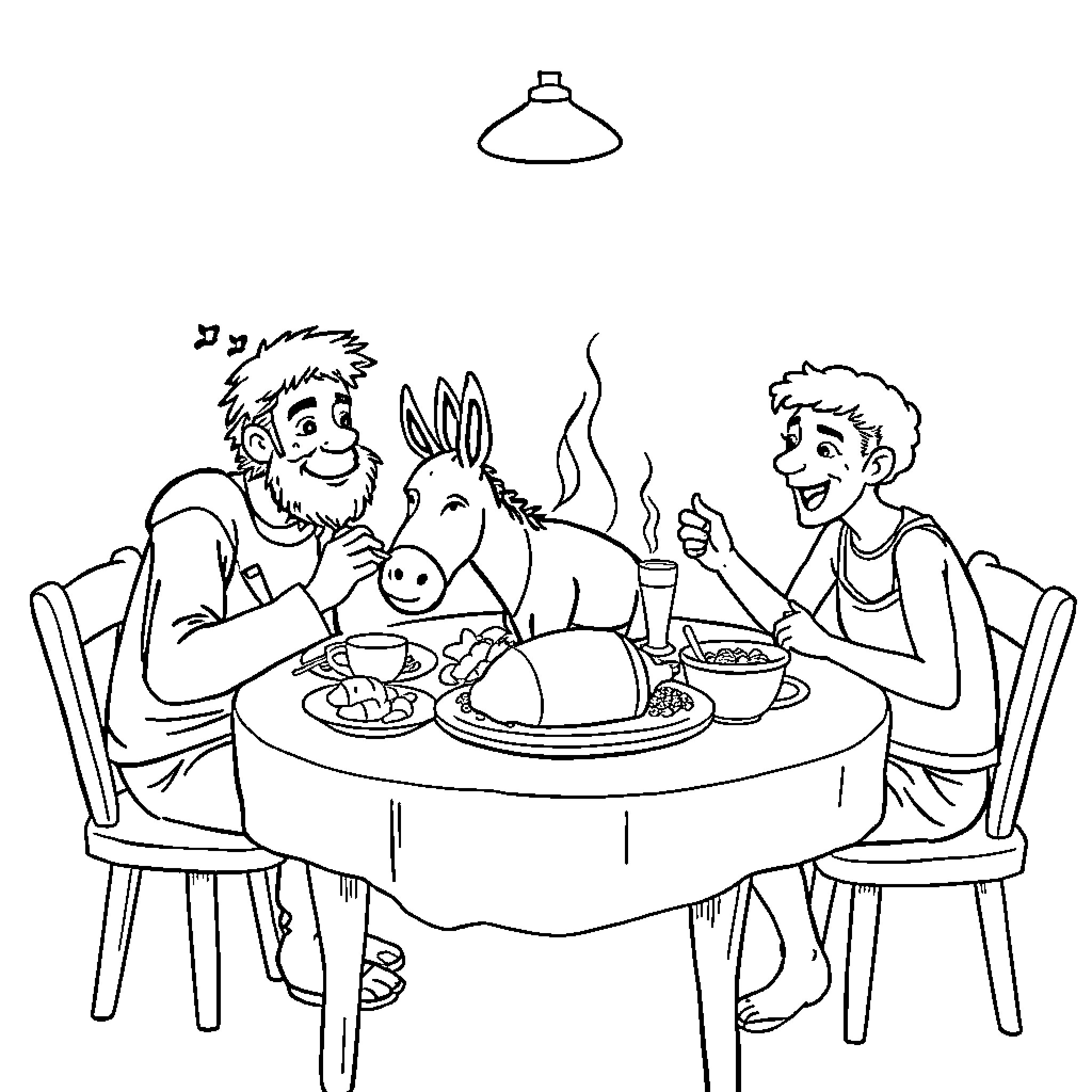 Dudes enjoying a tasty meal with their furry companion Coloring Page (free black-and-white line drawing printable PDF for all, from beginners to advanced learners, including children, teens, adults, and seniors)