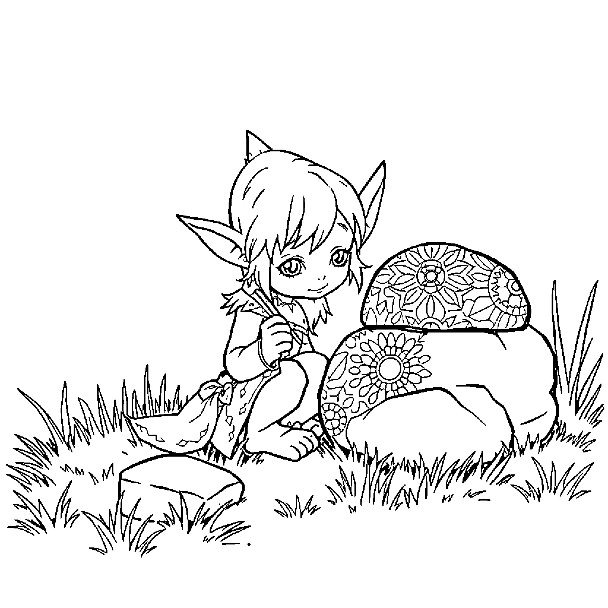 Goblin exploring whimsical mushrooms in the forest Coloring Page (free black-and-white line drawing printable PDF for all, from beginners to advanced learners, including children, teens, adults, and seniors)
