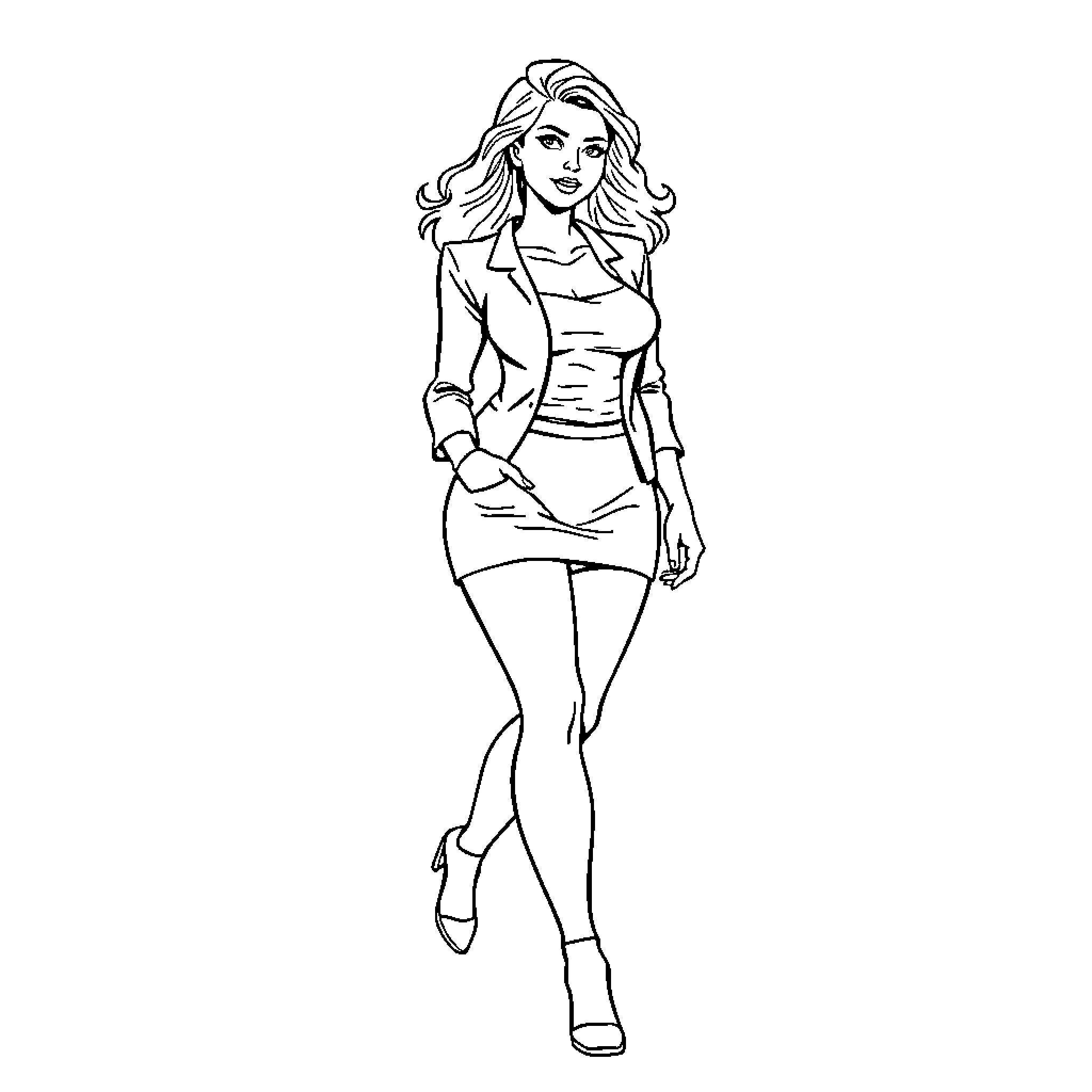 Woman in stylish business attire striding confidently Coloring Page (free black-and-white line drawing printable PDF for all, from beginners to advanced learners, including children, teens, adults, and seniors)