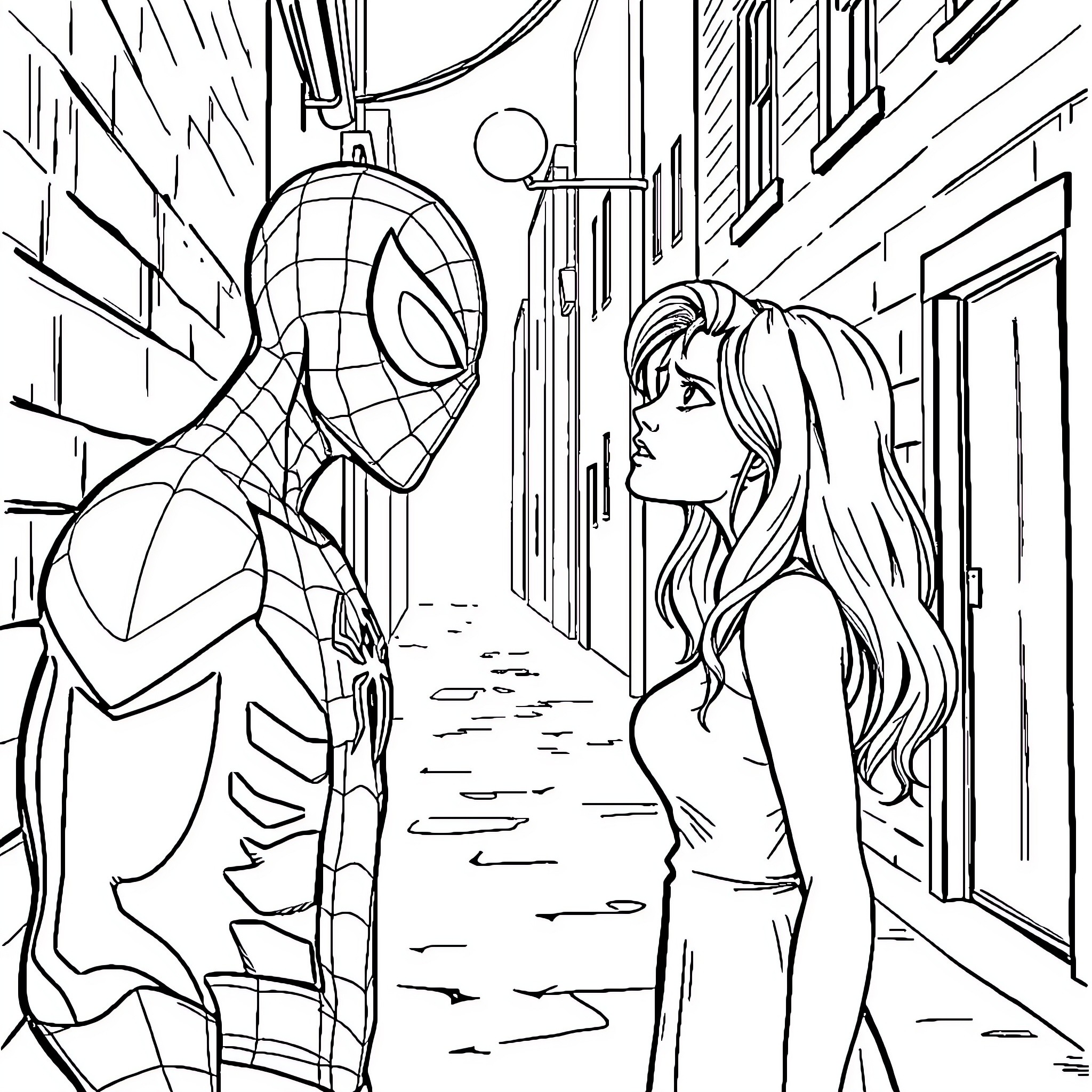 Spiderman meeting a woman in alley Coloring Page (free black-and-white line drawing printable PDF for all, from beginners to advanced learners, including children, teens, adults, and seniors)