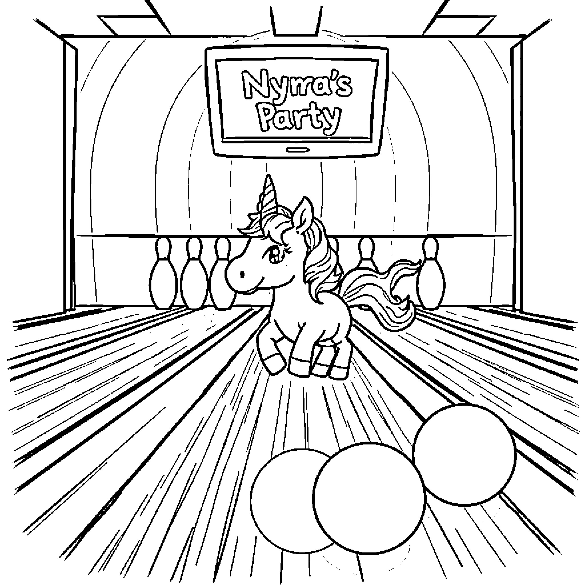 Unicorn Celebrates at Party with Balloons Coloring Page (free black-and-white line drawing printable PDF for all, from beginners to advanced learners, including children, teens, adults, and seniors)