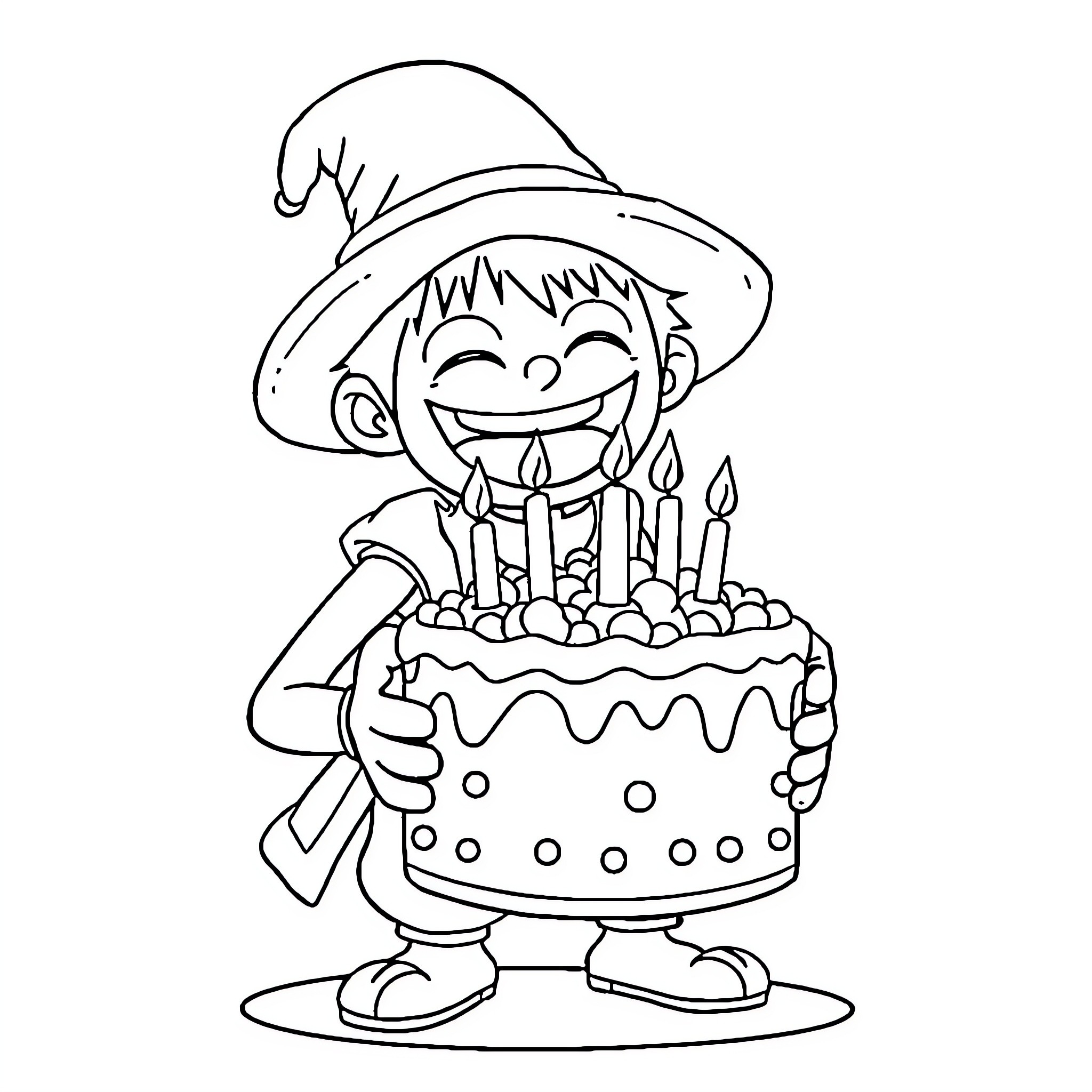 Buggy Boy Celebrating Birthday with Cake Coloring Page (free black-and-white line drawing printable PDF for all, from beginners to advanced learners, including children, teens, adults, and seniors)