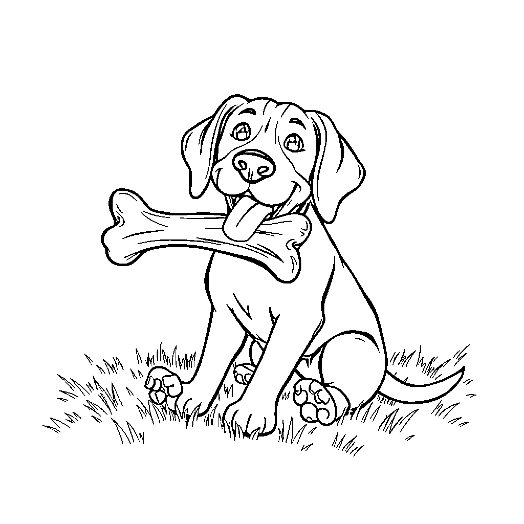 Beagle holding a giant bone in the grass Coloring Page (free black-and-white line drawing printable PDF for all, from beginners to advanced learners, including children, teens, adults, and seniors)