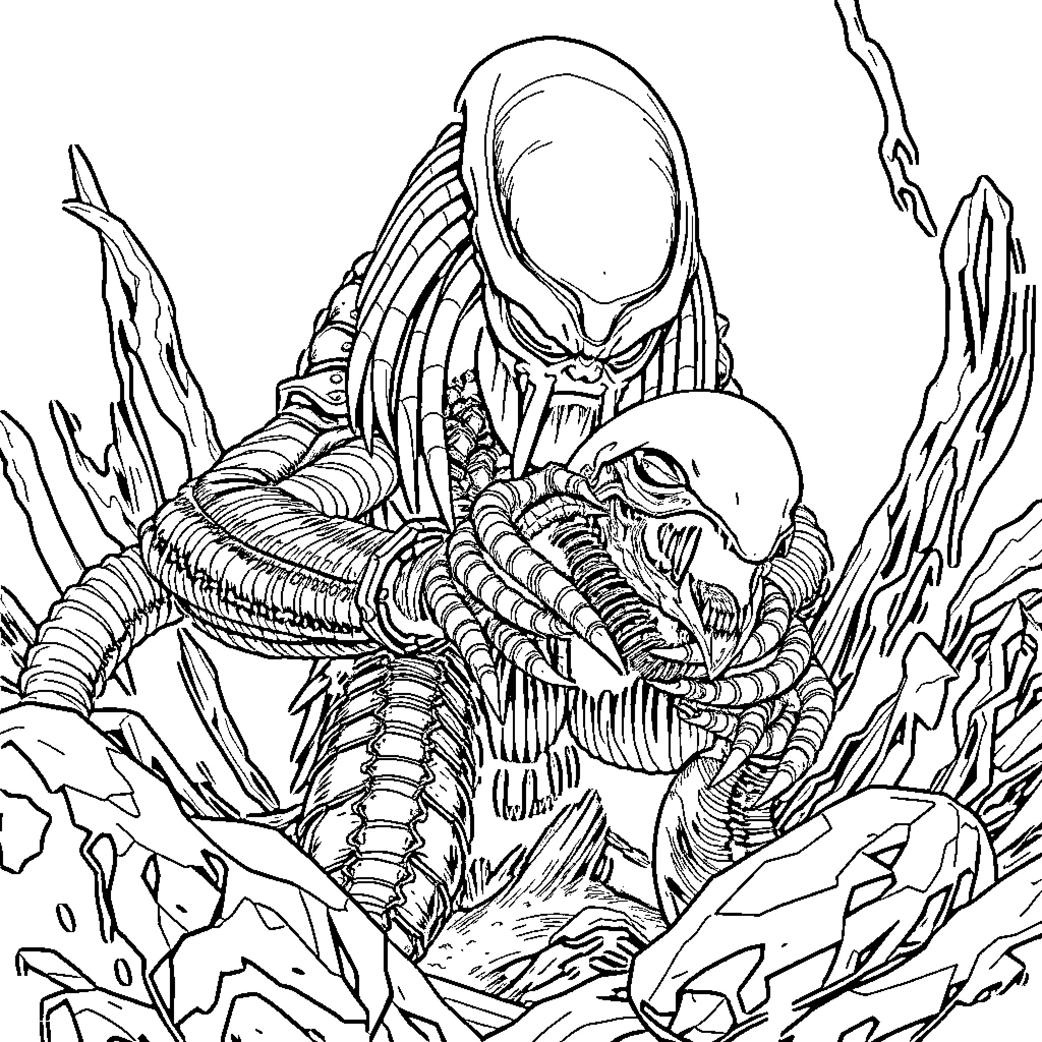 Predator stalking menacing prey in an ominous landscape Coloring Page (free black-and-white line drawing printable PDF for all, from beginners to advanced learners, including children, teens, adults, and seniors)