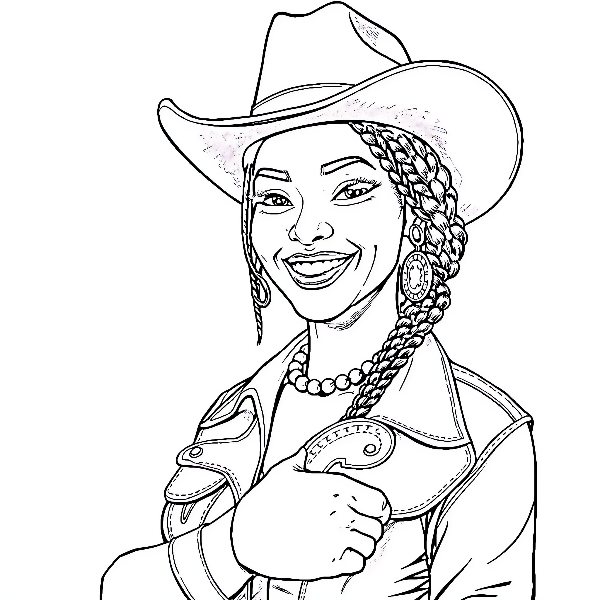 Woman in Cowgirl Outfit Smiling Confidently Coloring Page (free black-and-white line drawing printable PDF for all, from beginners to advanced learners, including children, teens, adults, and seniors)