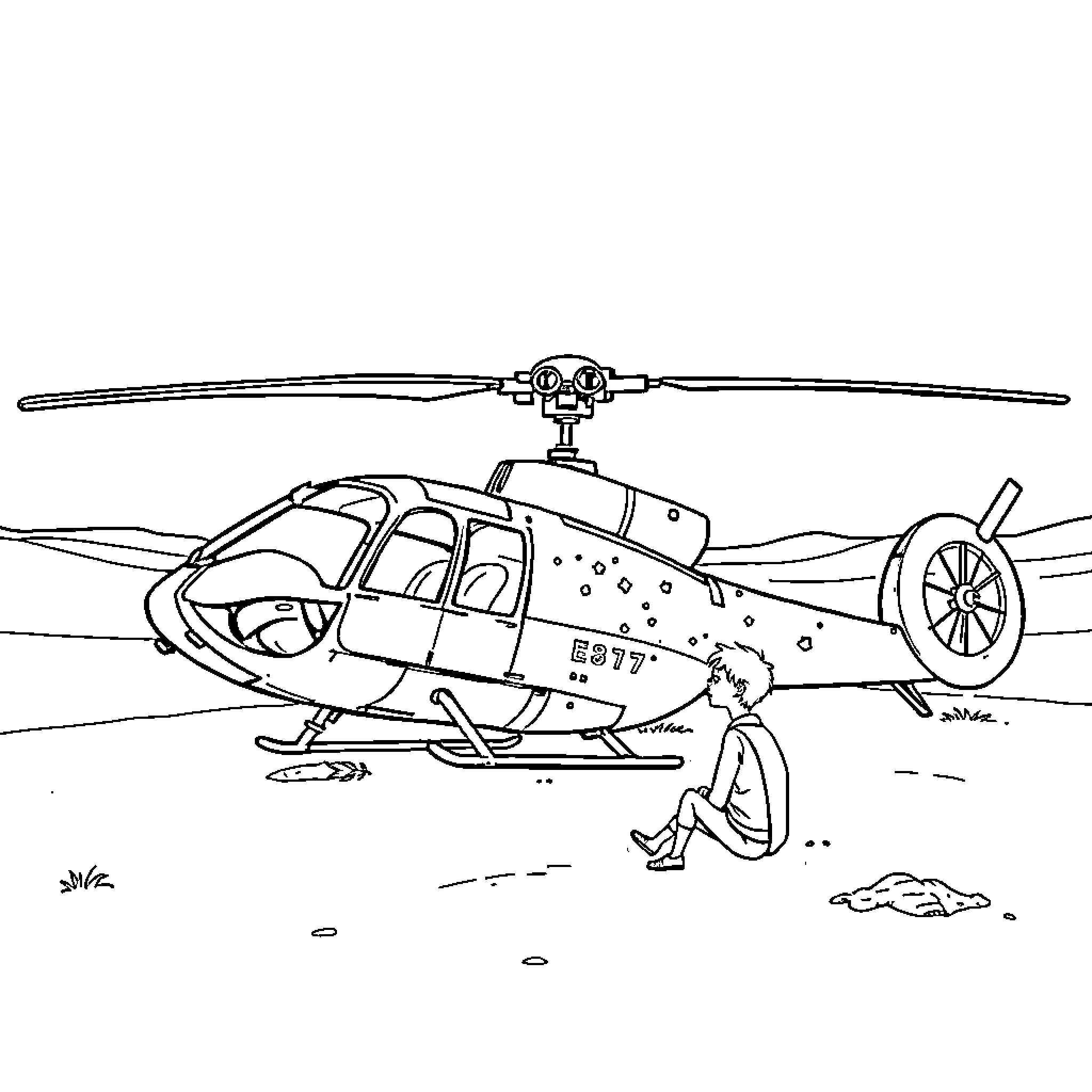 Helicopter pilot landing in remote area Coloring Page (free black-and-white line drawing printable PDF for all, from beginners to advanced learners, including children, teens, adults, and seniors)