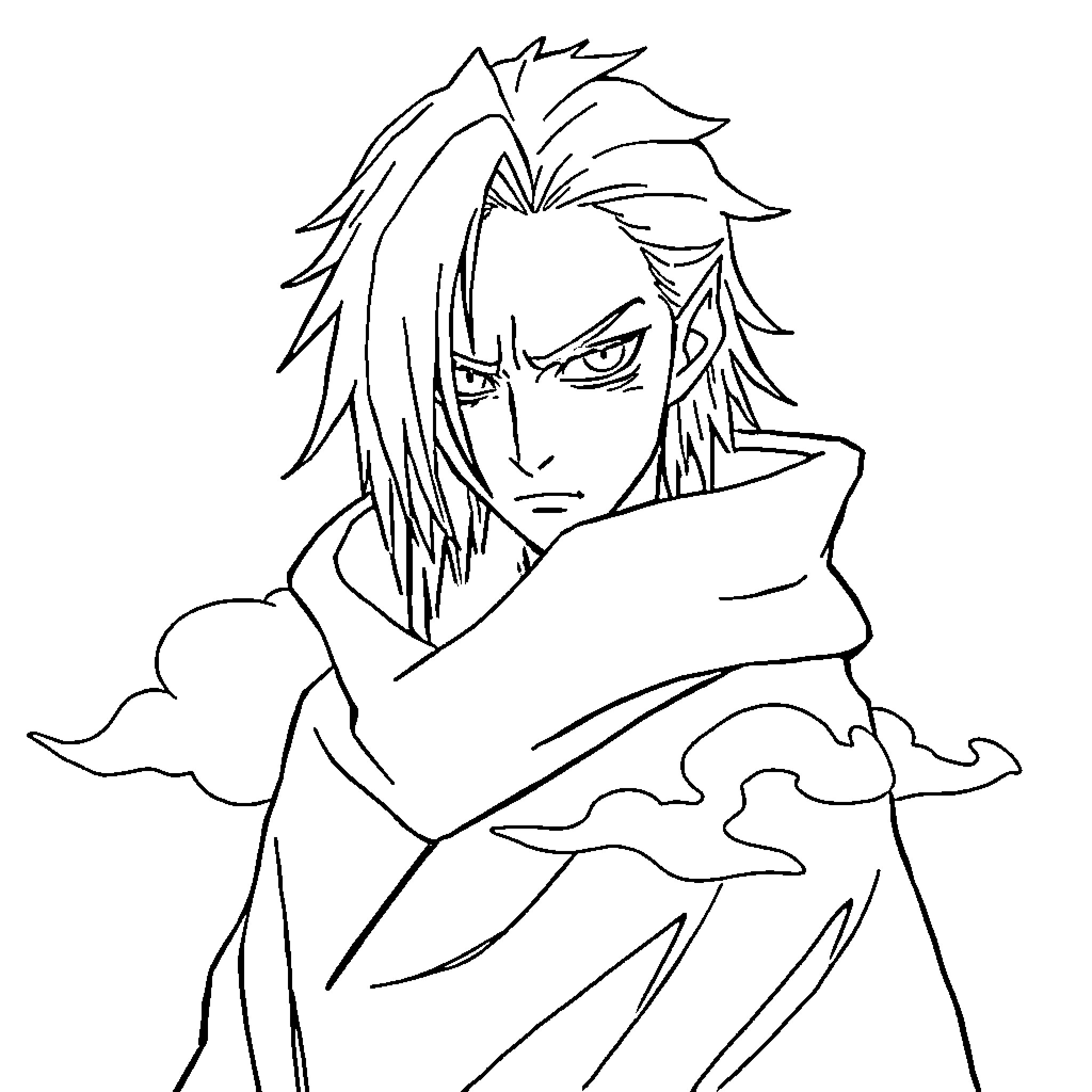 Itachi in Thoughtful Contemplation Coloring Page (free black-and-white line drawing printable PDF for all, from beginners to advanced learners, including children, teens, adults, and seniors)