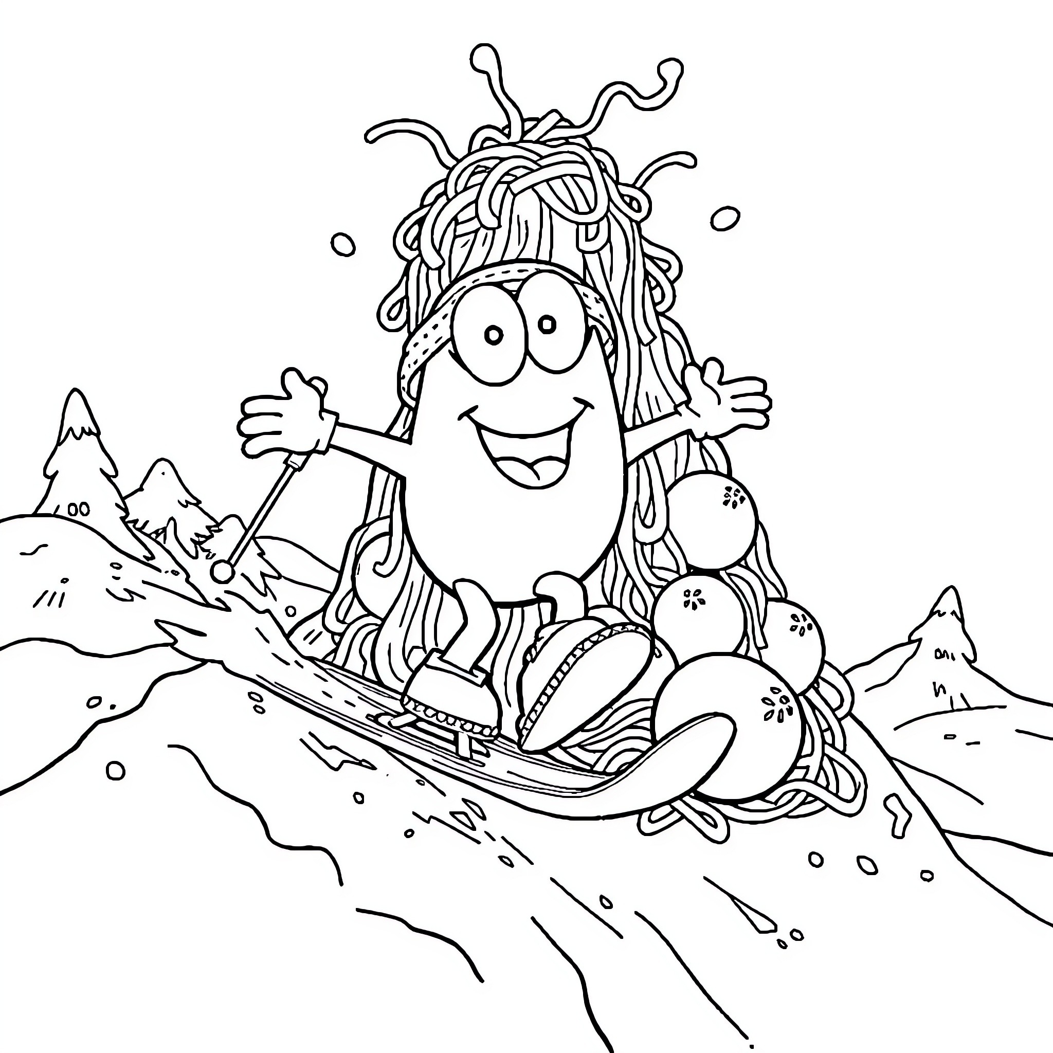 Mr. Potatohead Skiing Down the Slopes with Joy Coloring Page (free black-and-white line drawing printable PDF for all, from beginners to advanced learners, including children, teens, adults, and seniors)