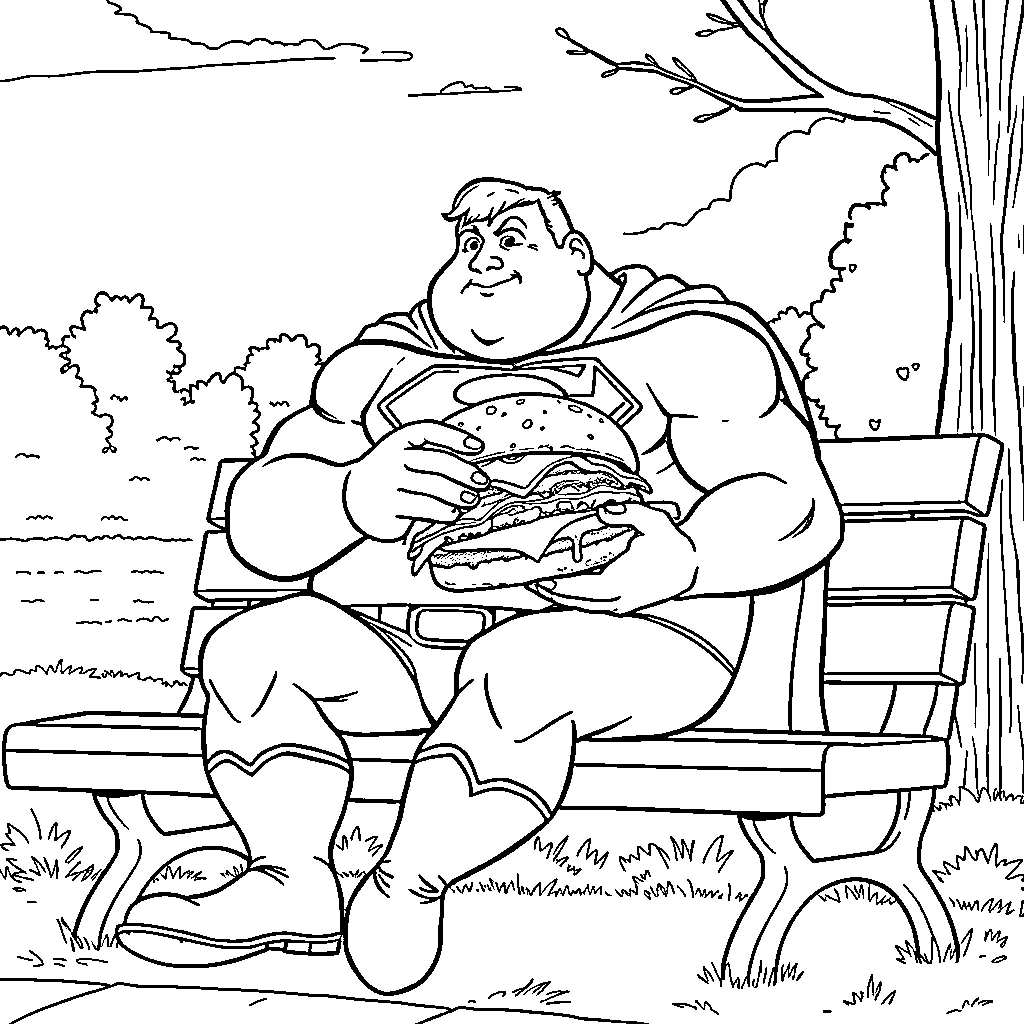 Superman enjoying a hearty meal on a park bench Coloring Page (free black-and-white line drawing printable PDF for all, from beginners to advanced learners, including children, teens, adults, and seniors)