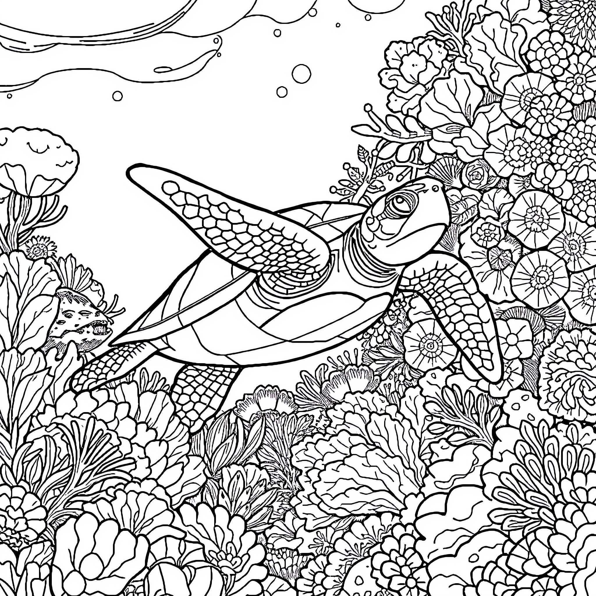 Turtle swimming through a vibrant underwater garden Coloring Page (free black-and-white line drawing printable PDF for all, from beginners to advanced learners, including children, teens, adults, and seniors)