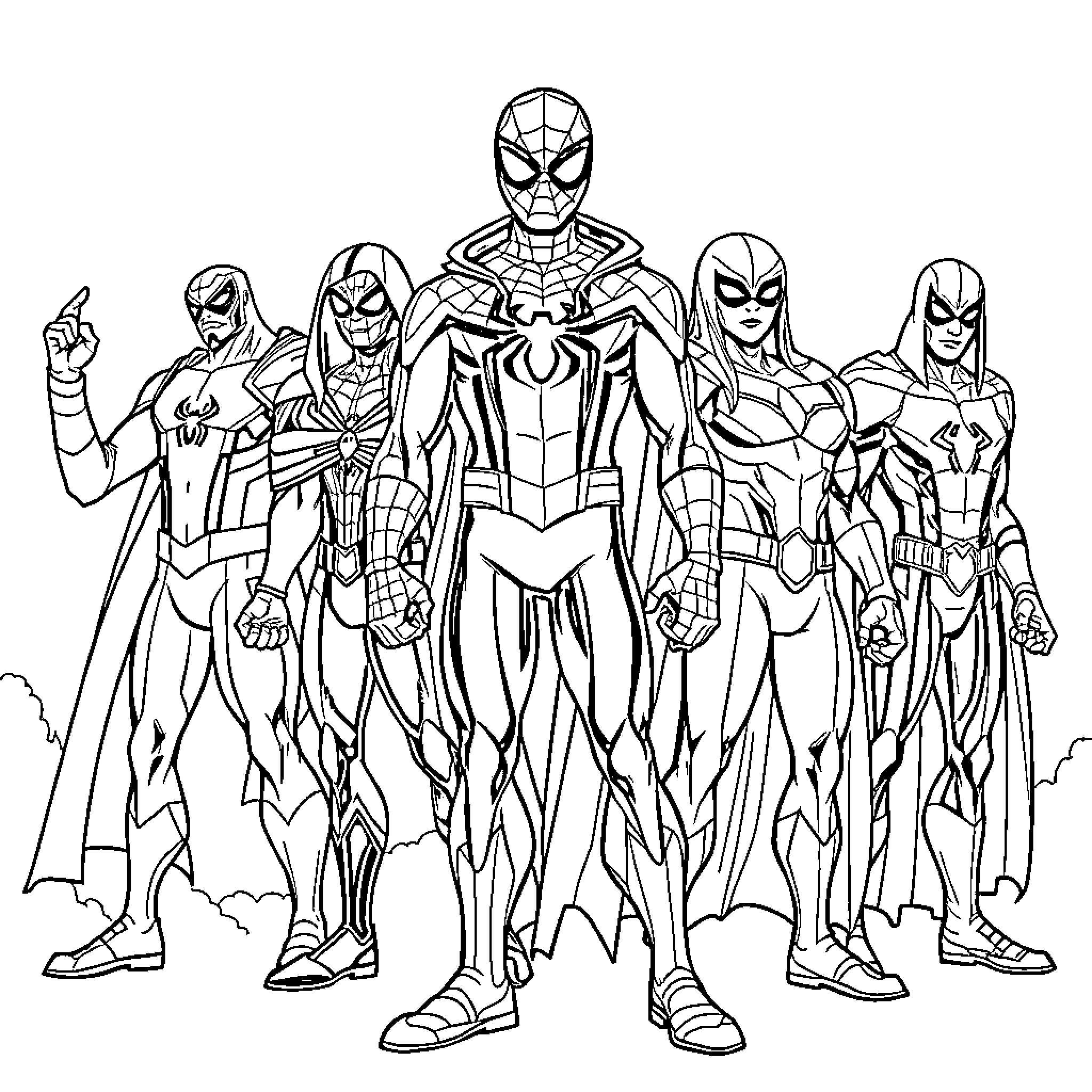Spiderman and his superhero allies in action Coloring Page (free black-and-white line drawing printable PDF for all, from beginners to advanced learners, including children, teens, adults, and seniors)