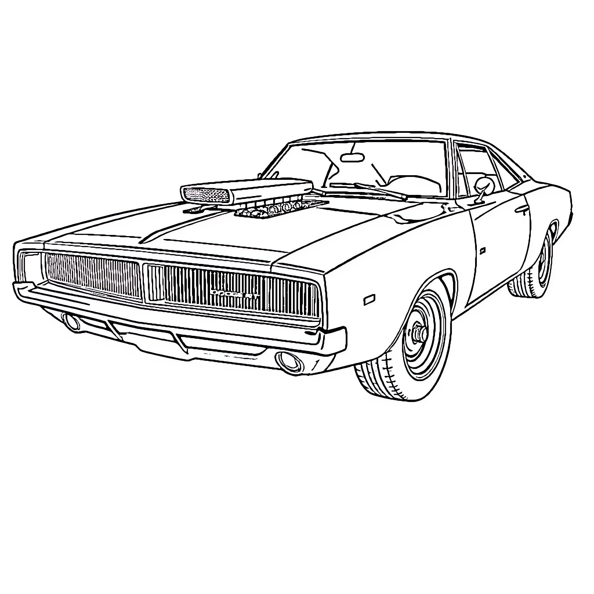 Dodge Charger in racing pose Coloring Page (free black-and-white line drawing printable PDF for all, from beginners to advanced learners, including children, teens, adults, and seniors)