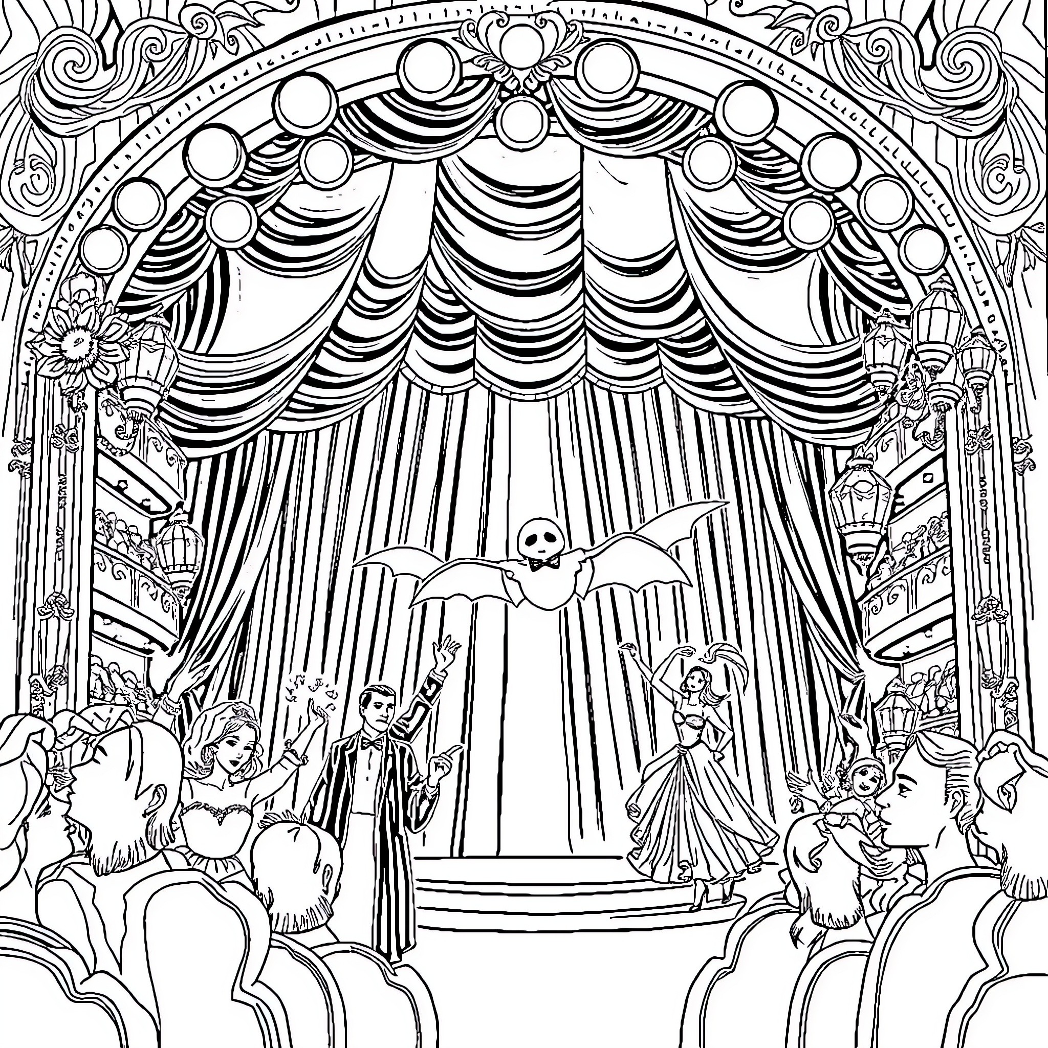 Phantom Performers Take the Stage in Grand Theatre Coloring Page (free black-and-white line drawing printable PDF for all, from beginners to advanced learners, including children, teens, adults, and seniors)