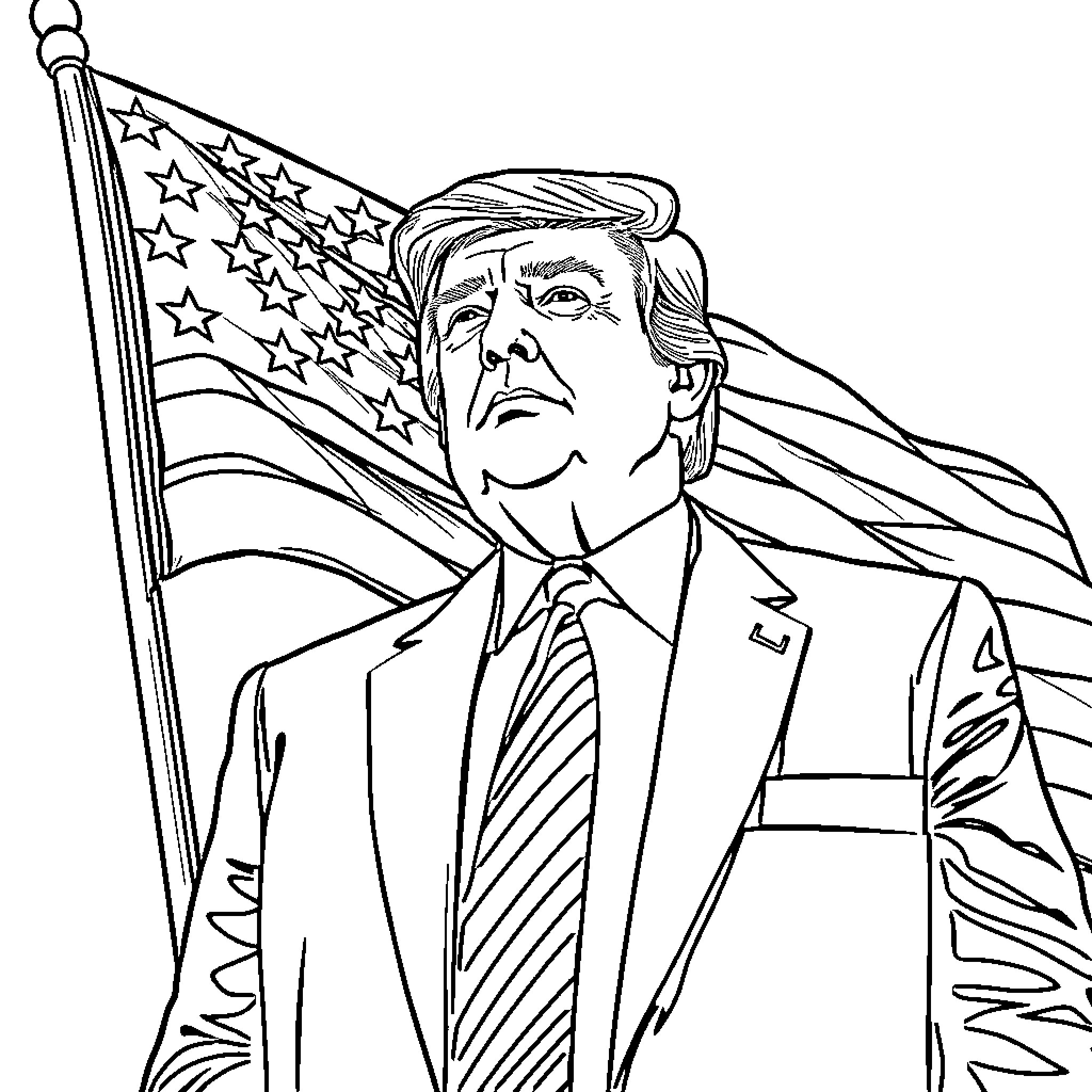 Donald Trump Standing with American Flag Coloring Page (free black-and-white line drawing printable PDF for all, from beginners to advanced learners, including children, teens, adults, and seniors)