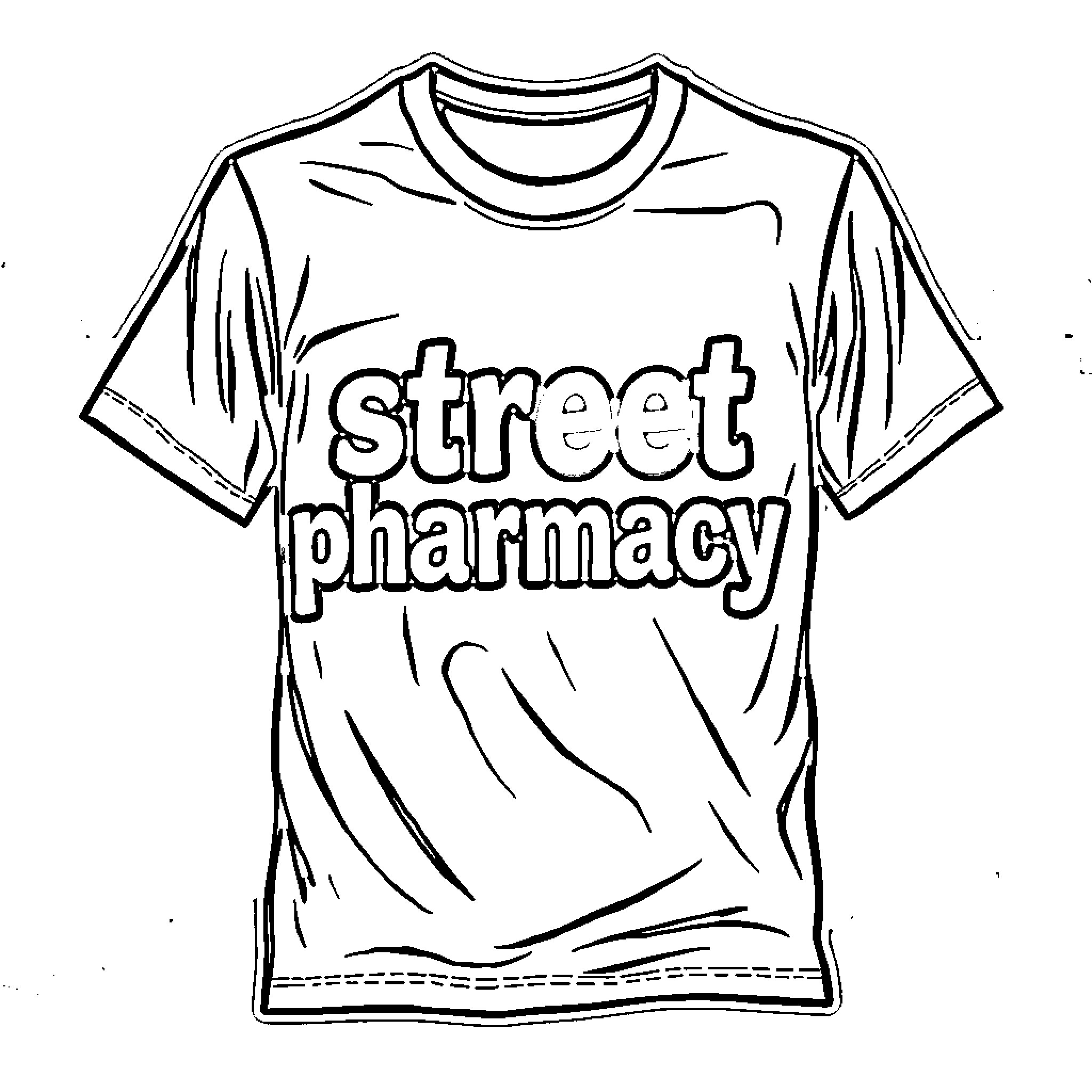 T-Shirt with street pharmacy text Coloring Page (free black-and-white line drawing printable PDF for all, from beginners to advanced learners, including children, teens, adults, and seniors)
