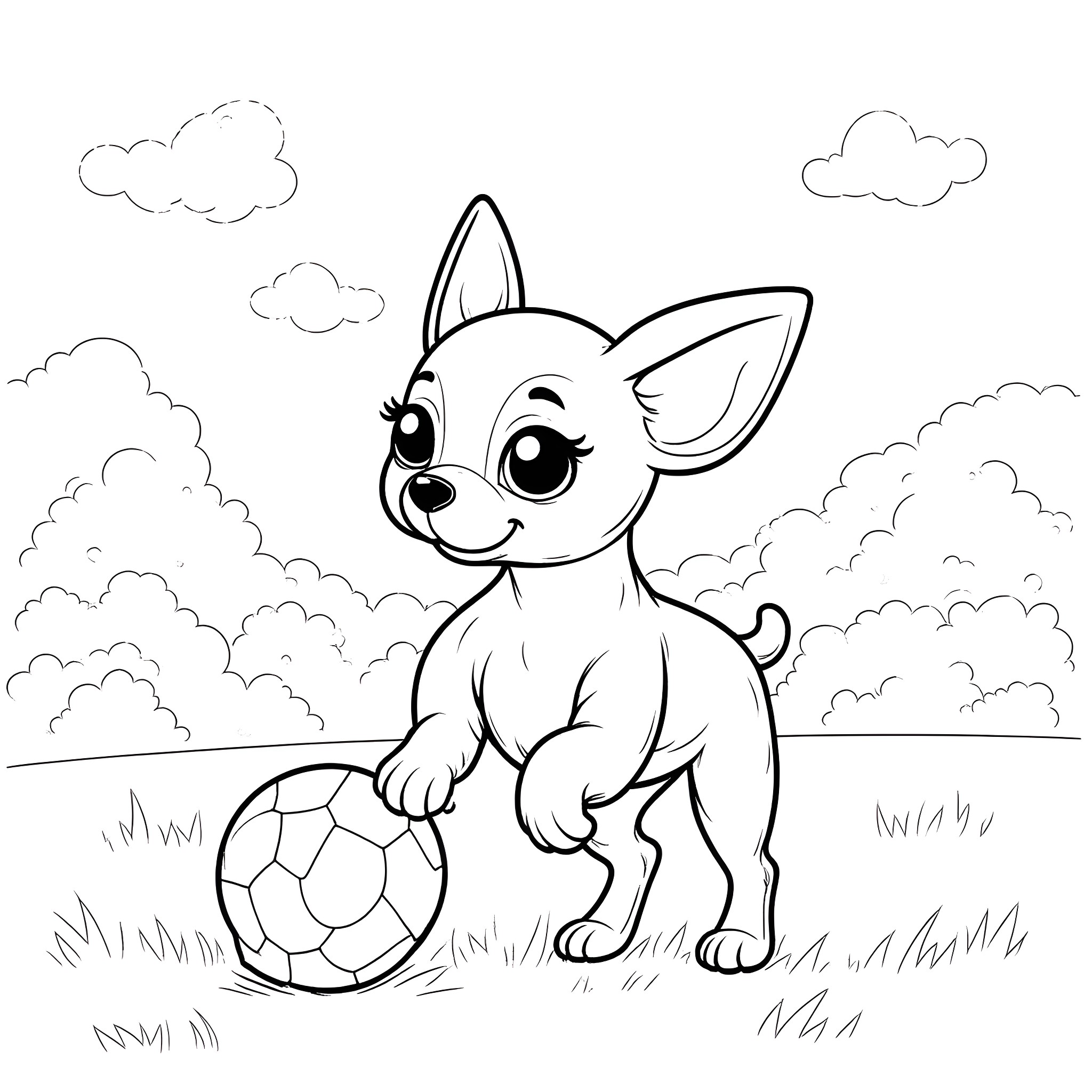 Chihuahua playing happily with soccer ball in the park Coloring Page (free black-and-white line drawing printable PDF for all, from beginners to advanced learners, including children, teens, adults, and seniors)