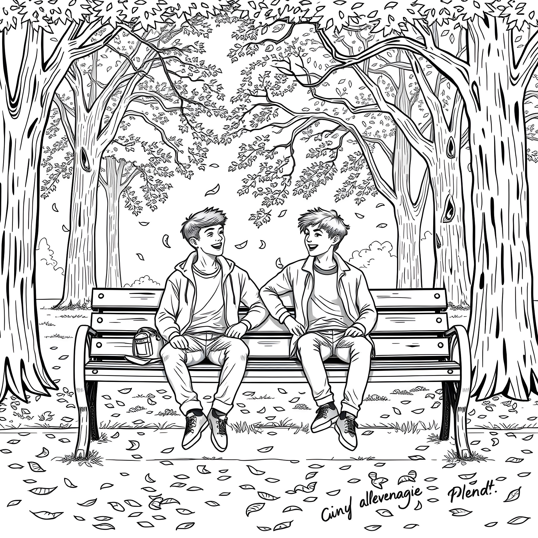 Teen Guys Relaxing on a Bench in the Autumn Park Coloring Page (free black-and-white line drawing printable PDF for all, from beginners to advanced learners, including children, teens, adults, and seniors)