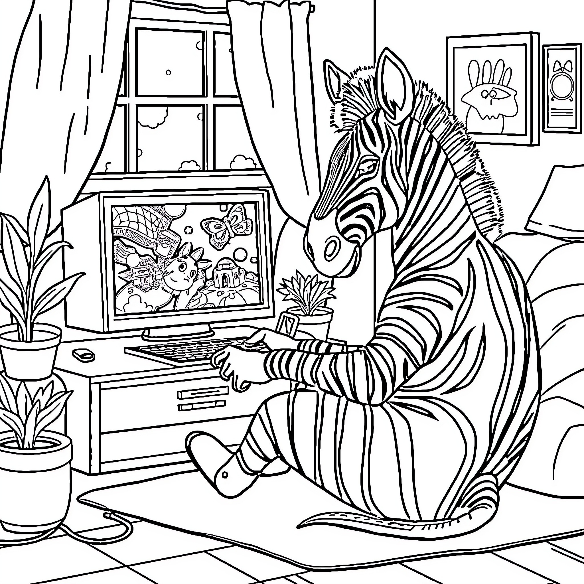 Zebra enjoying digital art in cozy home Coloring Page (free black-and-white line drawing printable PDF for all, from beginners to advanced learners, including children, teens, adults, and seniors)