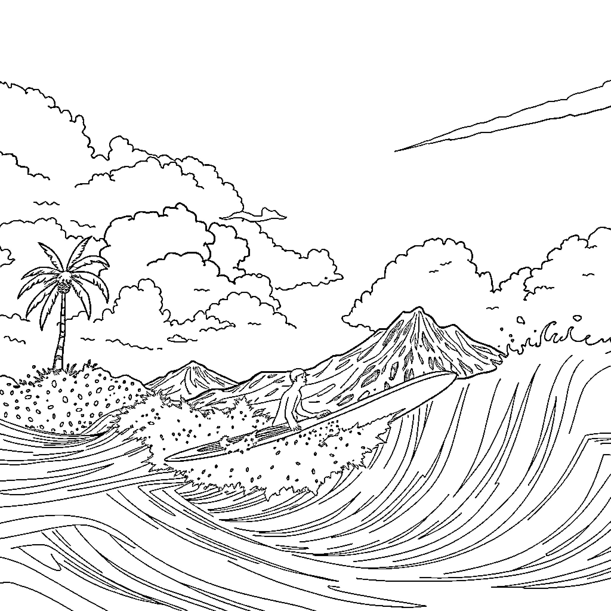 Bigfoot surfing the giant waves Coloring Page (free black-and-white line drawing printable PDF for all, from beginners to advanced learners, including children, teens, adults, and seniors)