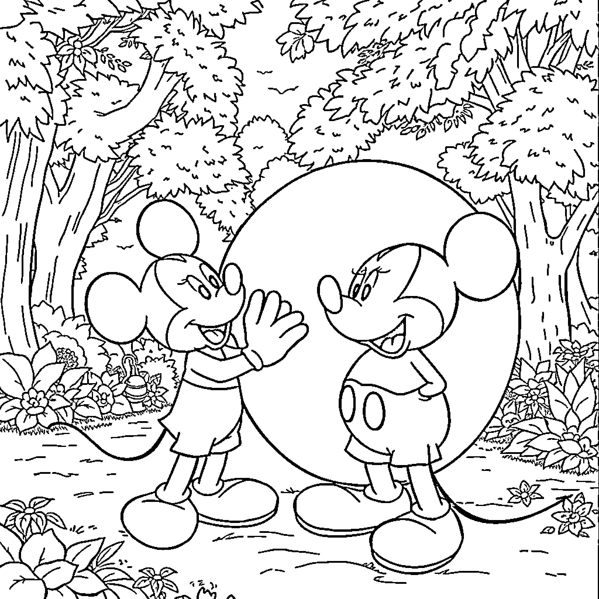 Mickey and Friends Enjoy the Outdoors Coloring Page (free black-and-white line drawing printable PDF for all, from beginners to advanced learners, including children, teens, adults, and seniors)