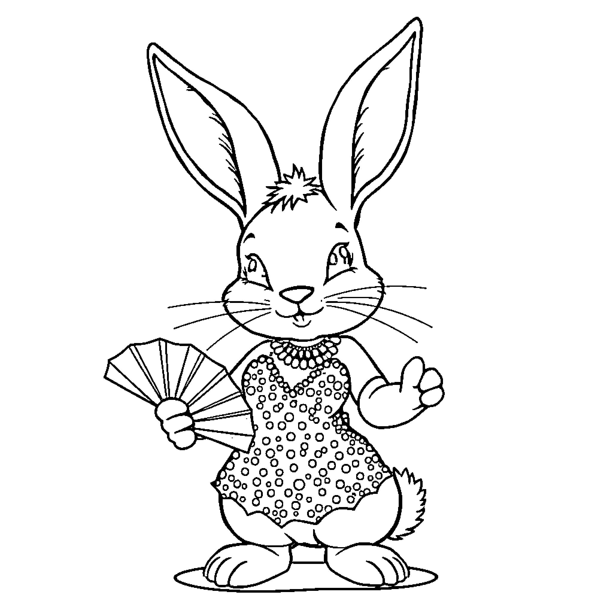 Rabbit holding a fan and making a gesture Coloring Page (free black-and-white line drawing printable PDF for all, from beginners to advanced learners, including children, teens, adults, and seniors)
