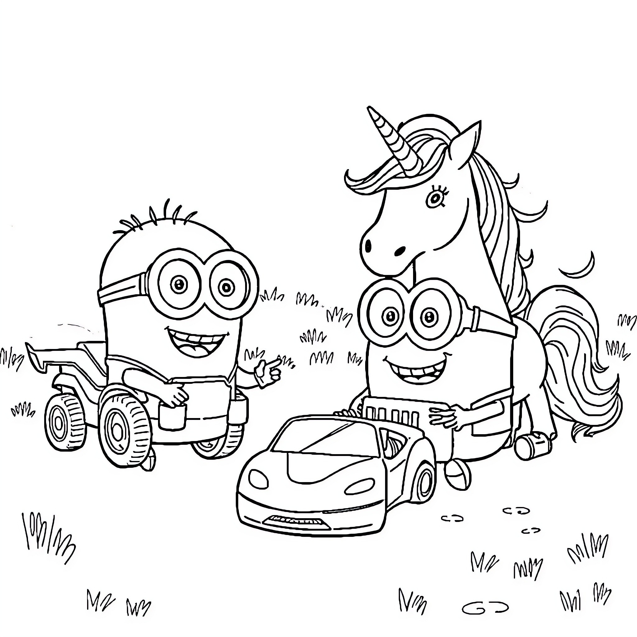 Mignon Minions and Unicorn Explore the Outdoors Coloring Page (free black-and-white line drawing printable PDF for all, from beginners to advanced learners, including children, teens, adults, and seniors)