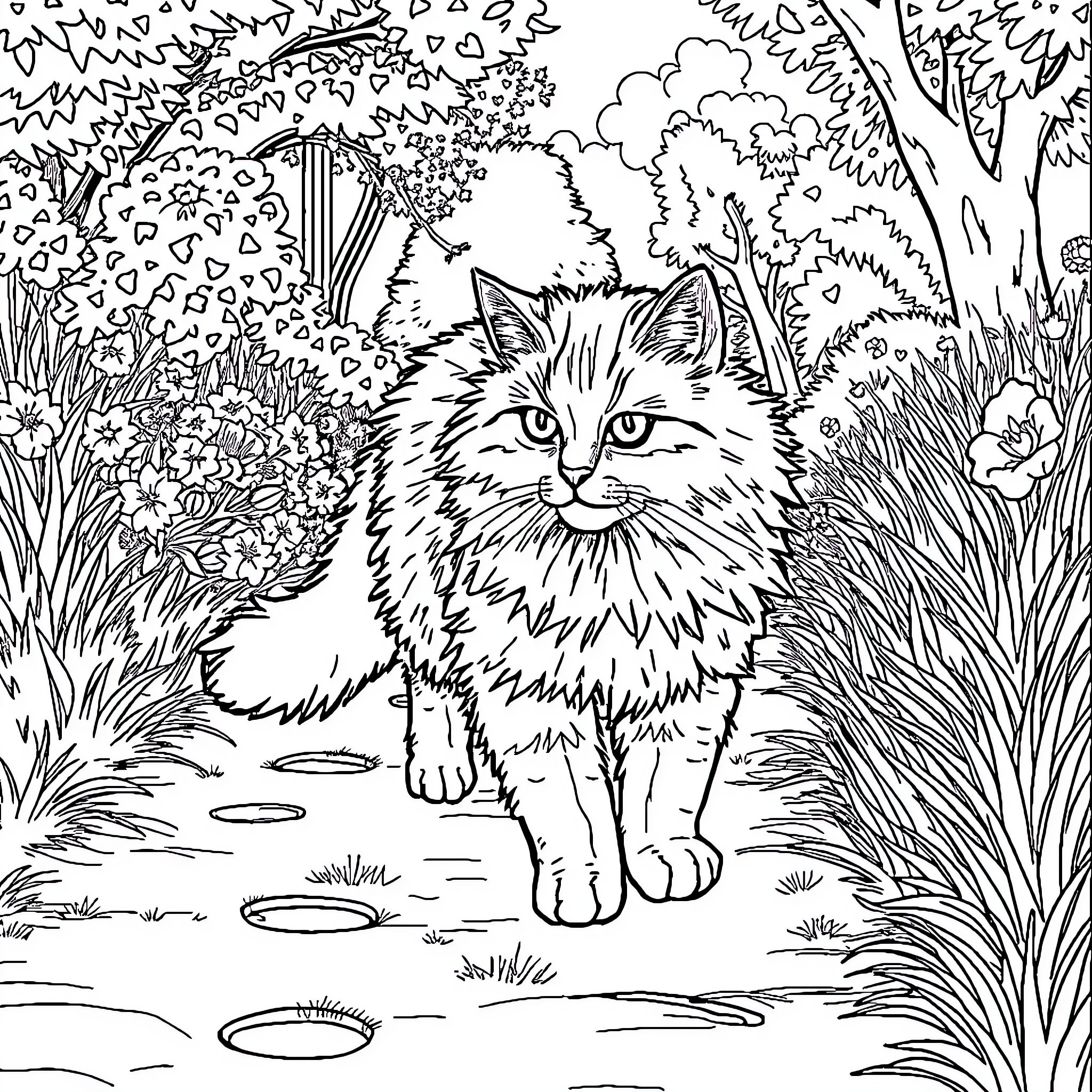 Cat exploring the enchanting forest Coloring Page (free black-and-white line drawing printable PDF for all, from beginners to advanced learners, including children, teens, adults, and seniors)