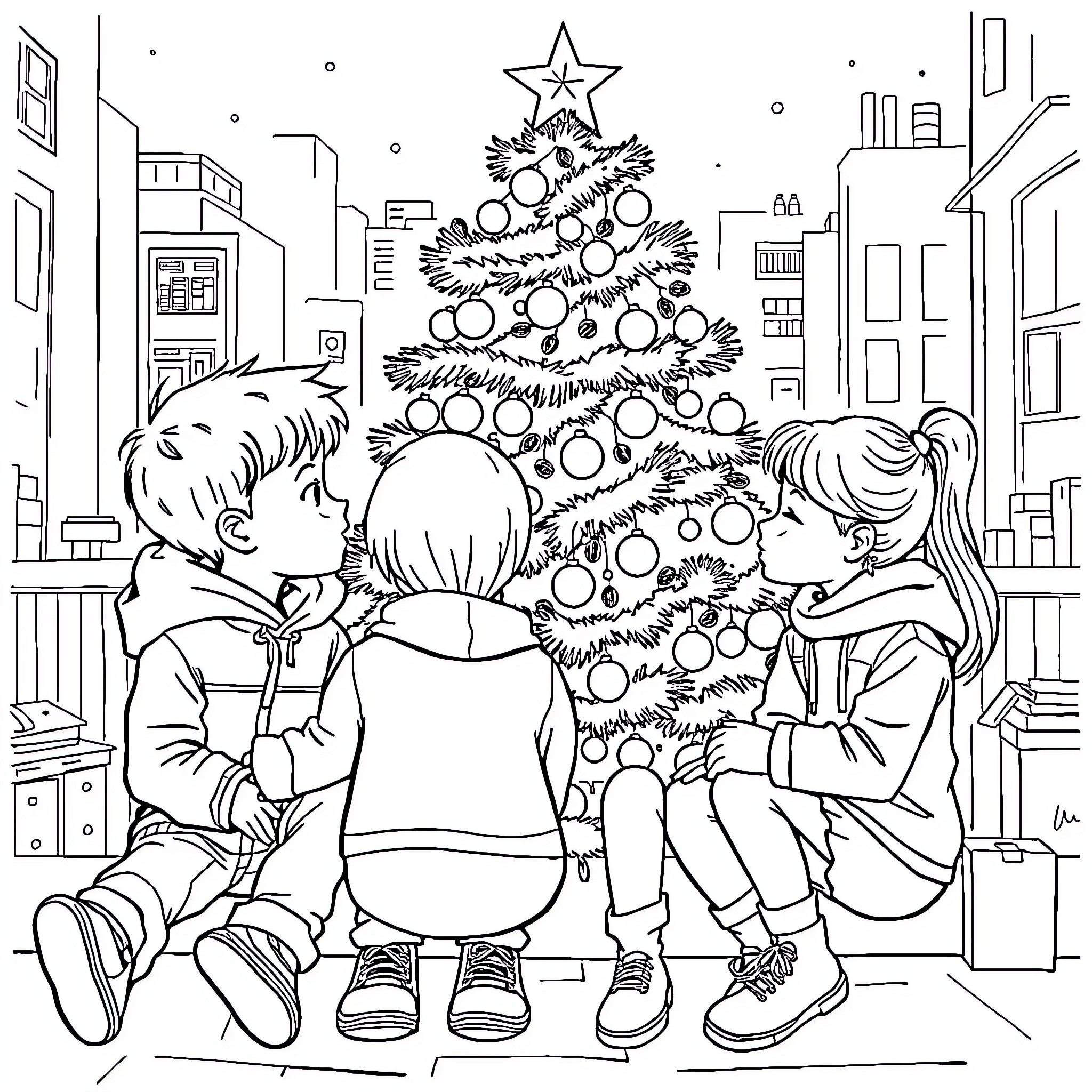 Child decorating Christmas tree with family Coloring Page (free black-and-white line drawing printable PDF for all, from beginners to advanced learners, including children, teens, adults, and seniors)