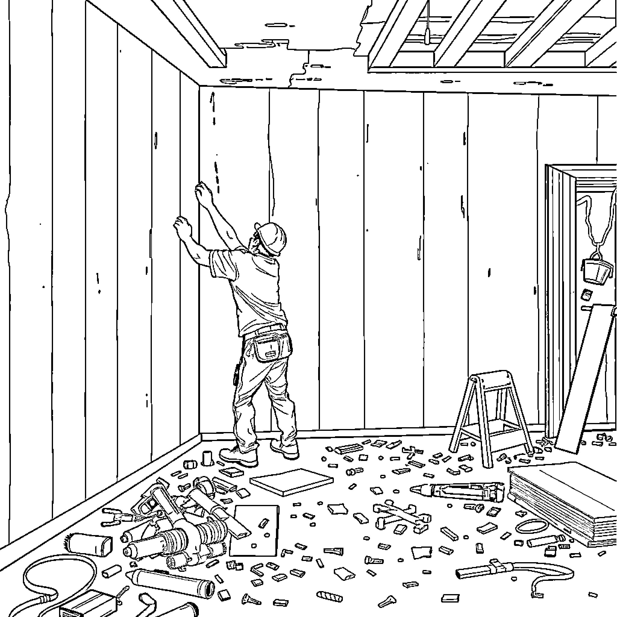 Drywaller working diligently in cluttered construction site Coloring Page (free black-and-white line drawing printable PDF for all, from beginners to advanced learners, including children, teens, adults, and seniors)