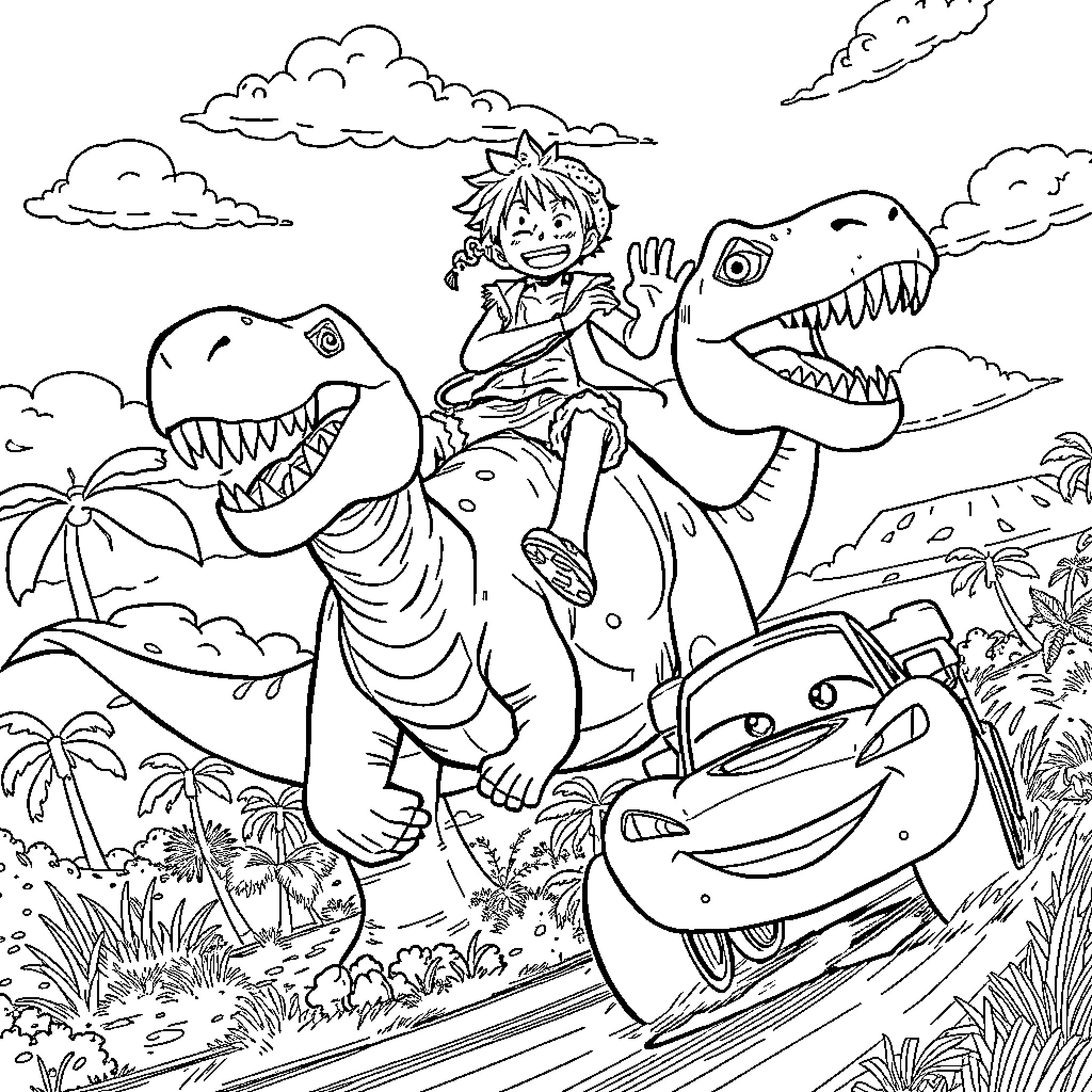 Luffy's Jurassic Adventure with Dinosaur Friends Coloring Page (free black-and-white line drawing printable PDF for all, from beginners to advanced learners, including children, teens, adults, and seniors)