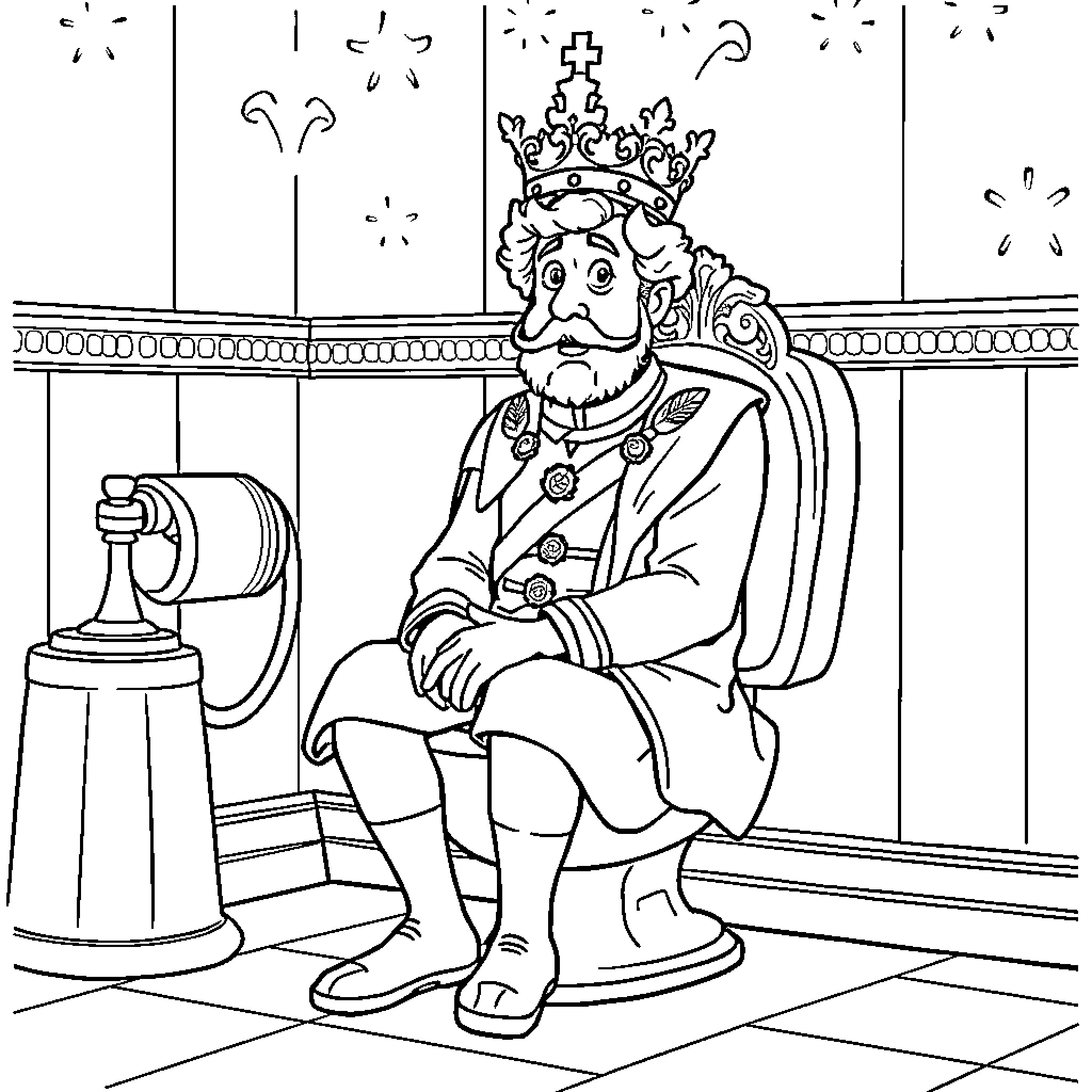 King Sitting on Throne with Regal Attire Coloring Page (free black-and-white line drawing printable PDF for all, from beginners to advanced learners, including children, teens, adults, and seniors)