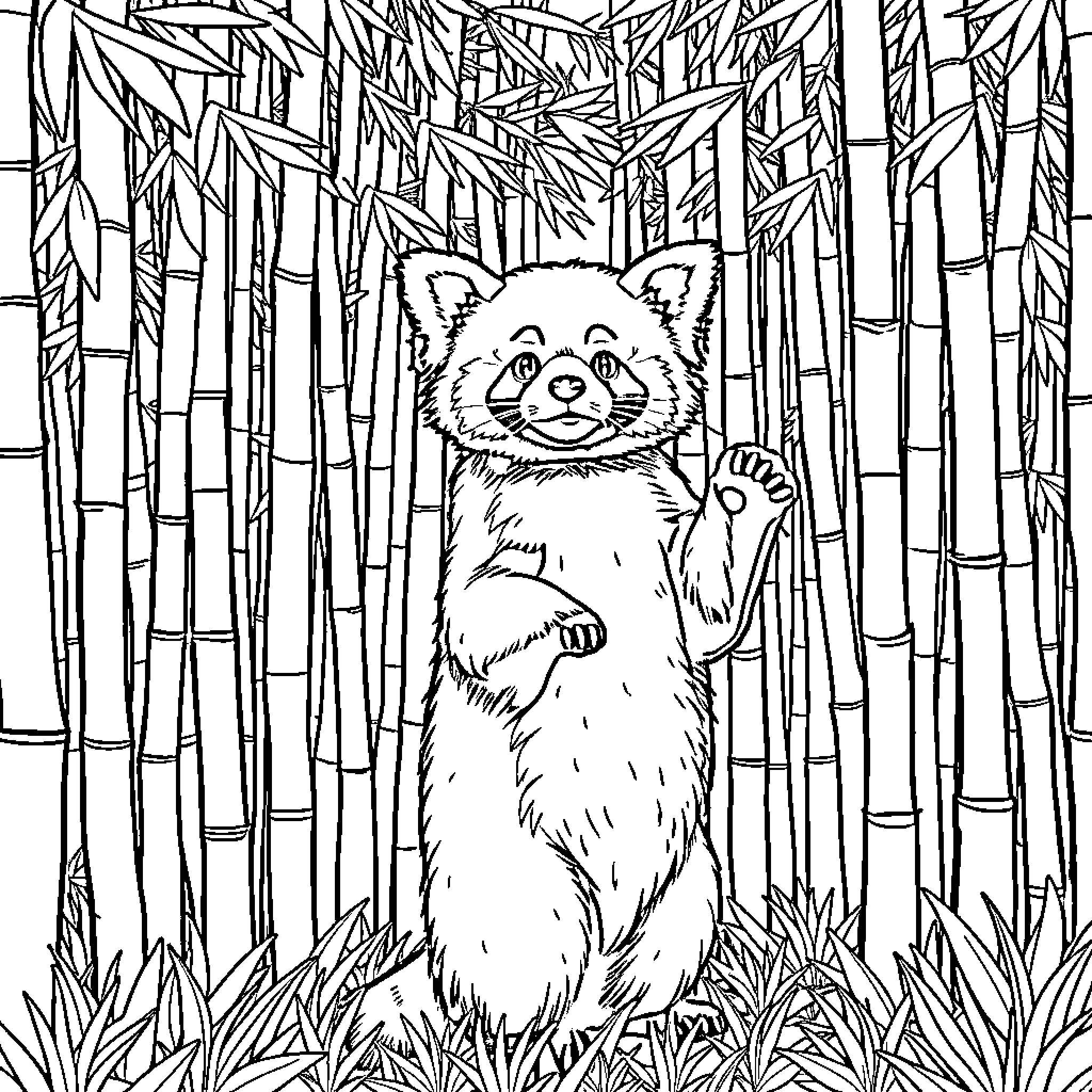 Panda exploring the bamboo forest Coloring Page (free black-and-white line drawing printable PDF for all, from beginners to advanced learners, including children, teens, adults, and seniors)