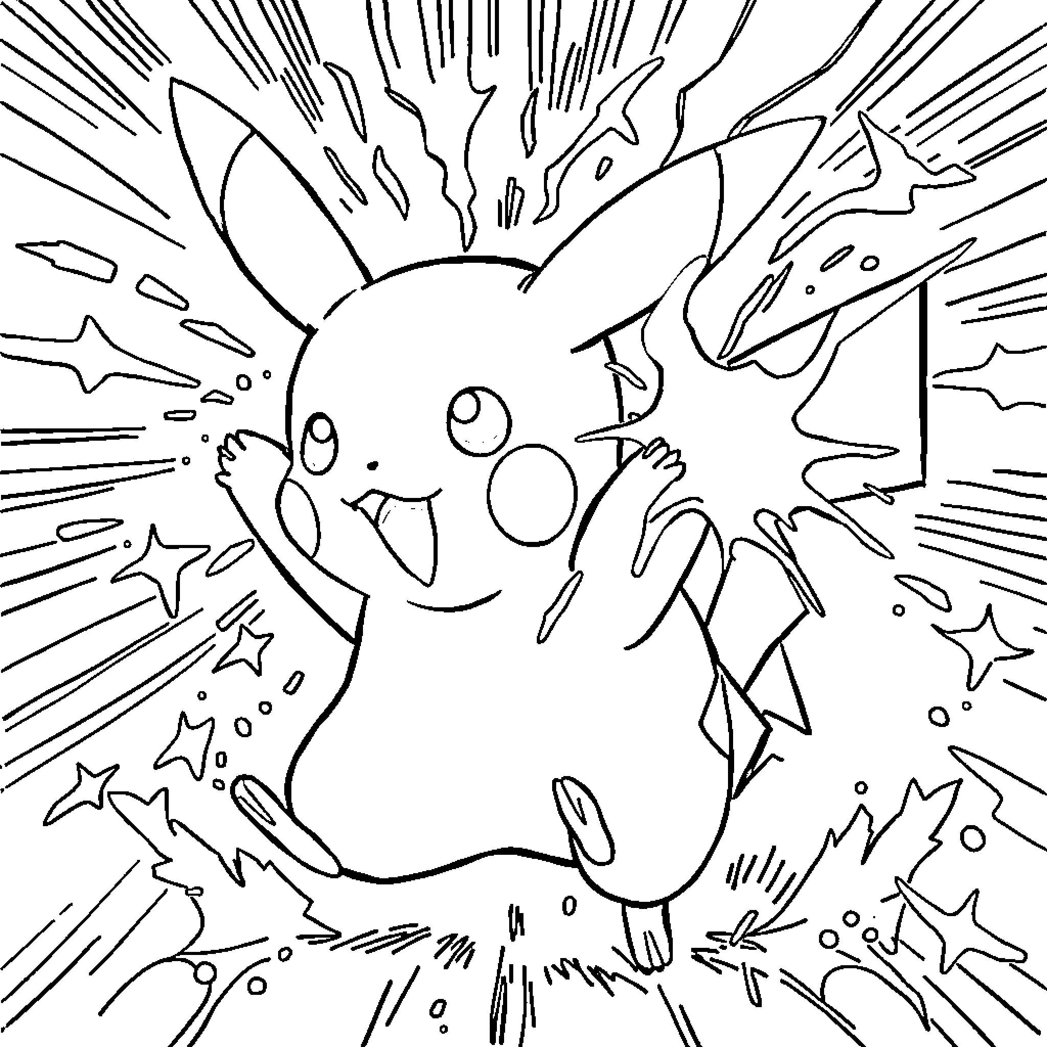Pikachu exploding with electricity and energy Coloring Page (free black-and-white line drawing printable PDF for all, from beginners to advanced learners, including children, teens, adults, and seniors)
