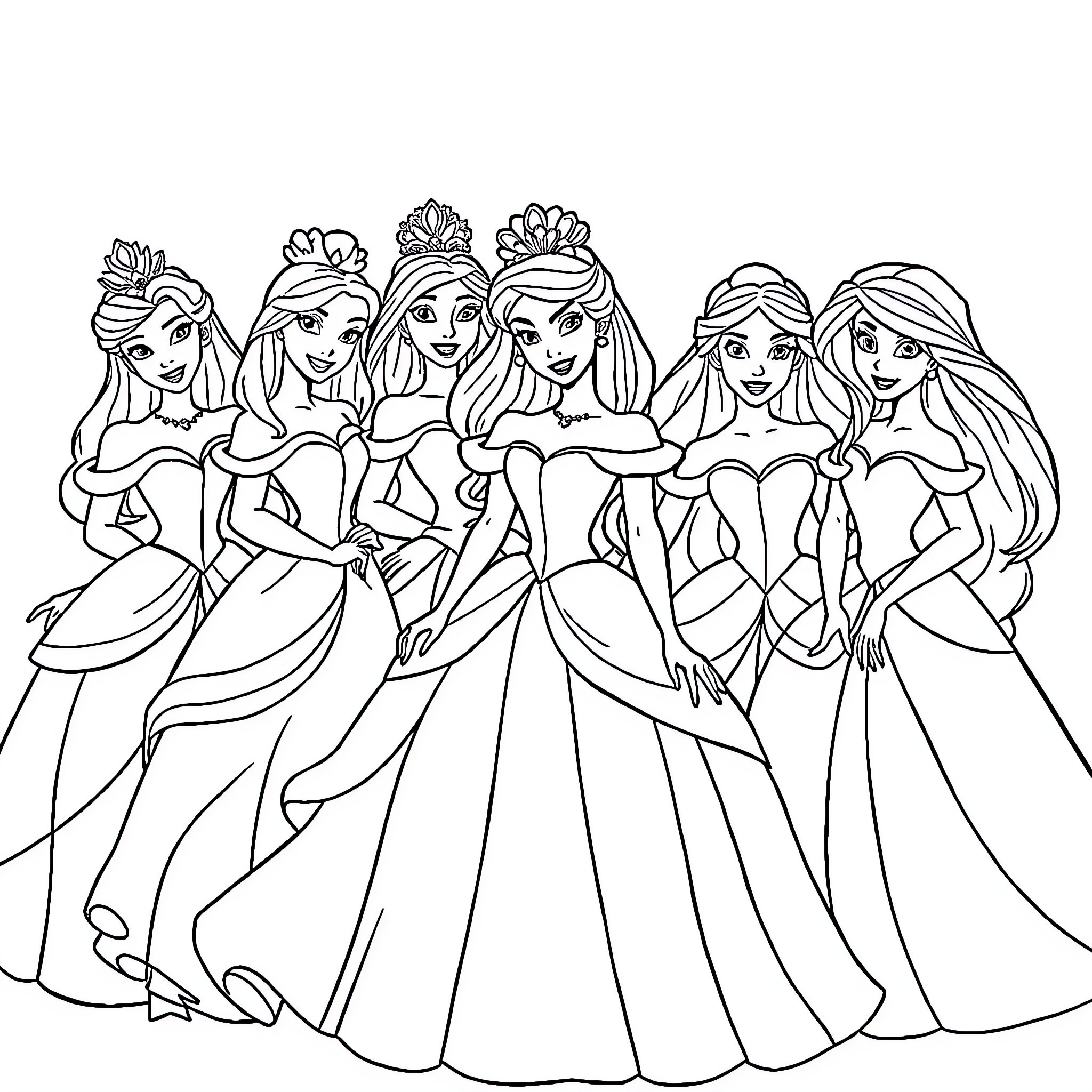 Princess Royalty: A Regal Gathering of Elegant Ladies Coloring Page (free black-and-white line drawing printable PDF for all, from beginners to advanced learners, including children, teens, adults, and seniors)