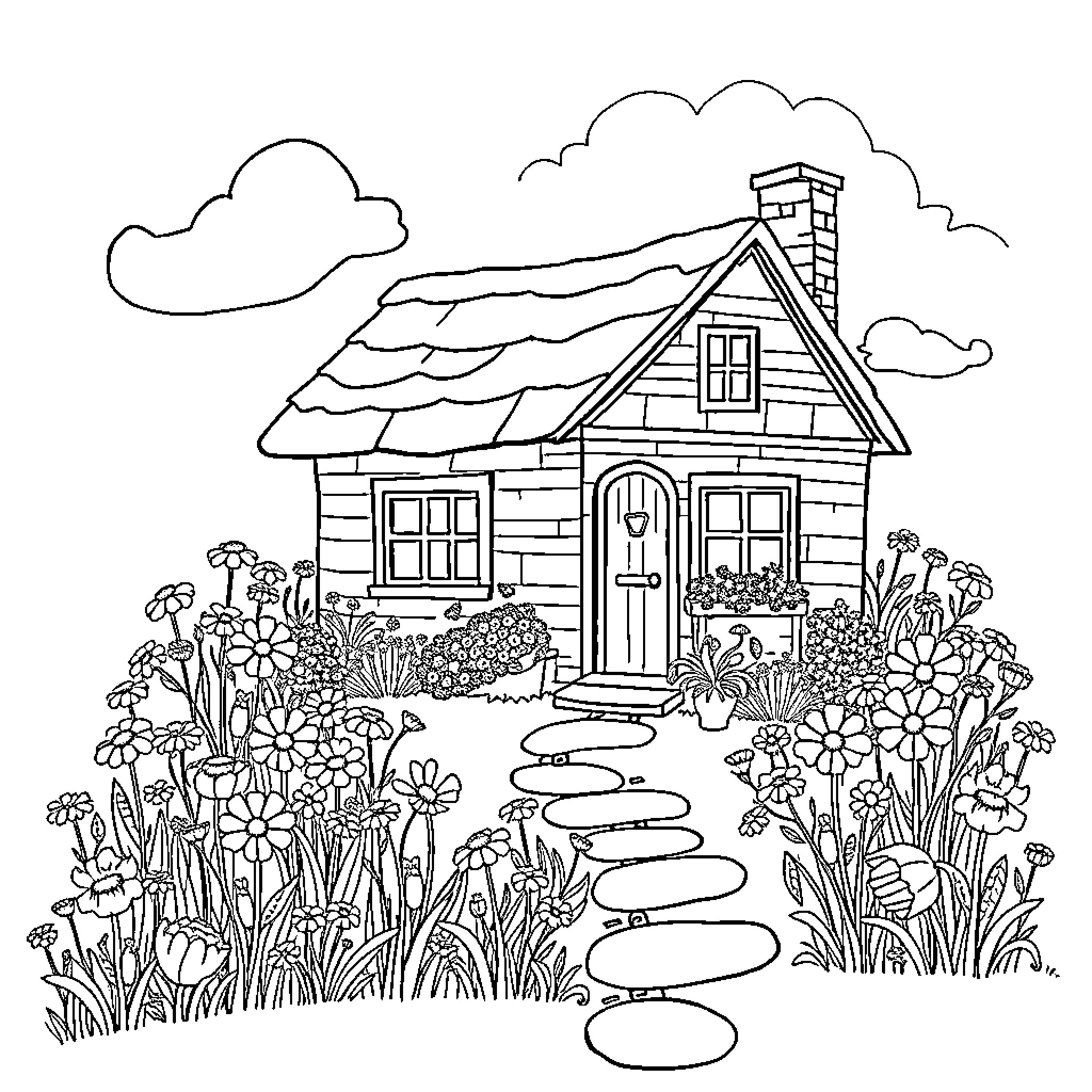Cottage with Flower Garden Pathway Coloring Page (free black-and-white line drawing printable PDF for all, from beginners to advanced learners, including children, teens, adults, and seniors)