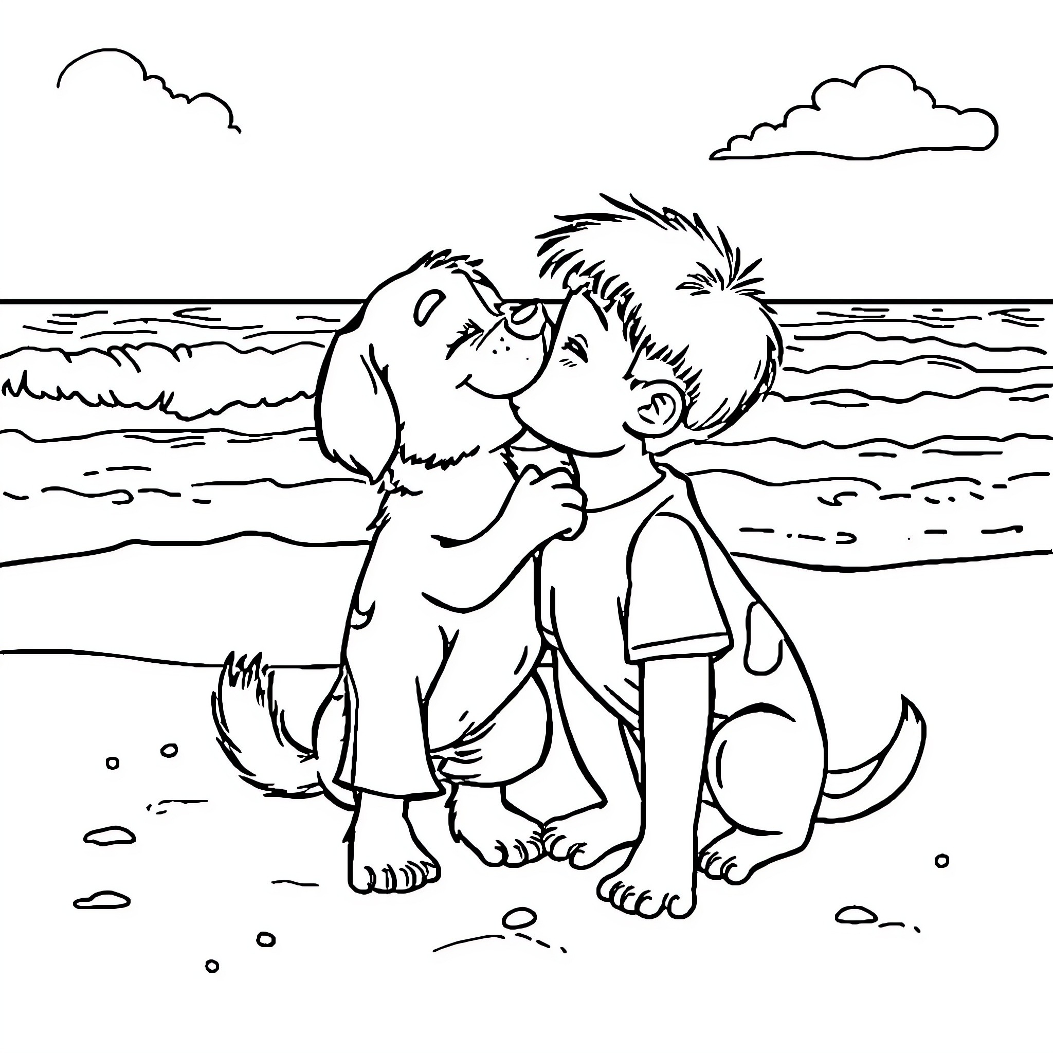 Dog playing happily with young boy on the beach Coloring Page (free black-and-white line drawing printable PDF for all, from beginners to advanced learners, including children, teens, adults, and seniors)