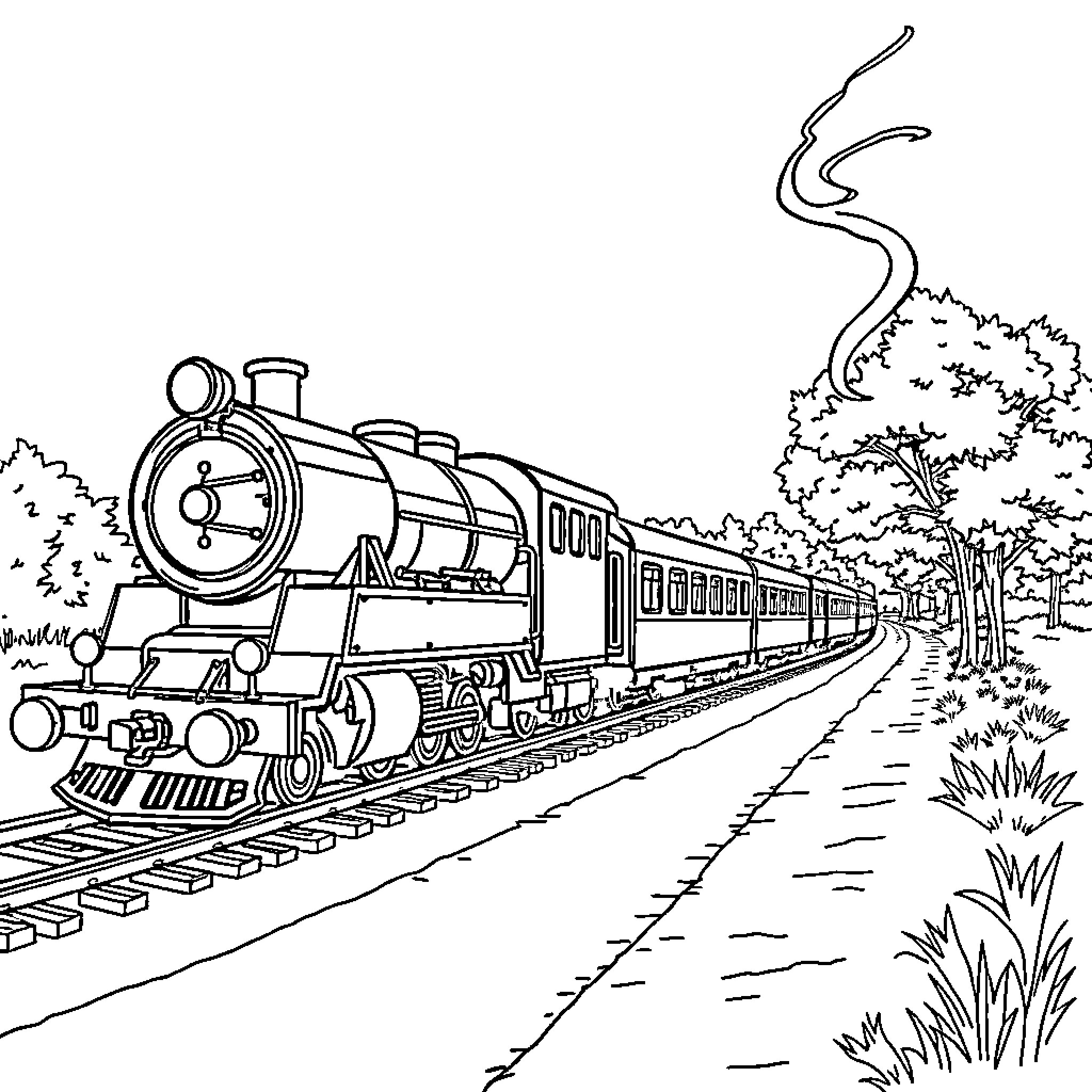 Train journeying through the scenic countryside Coloring Page (free black-and-white line drawing printable PDF for all, from beginners to advanced learners, including children, teens, adults, and seniors)