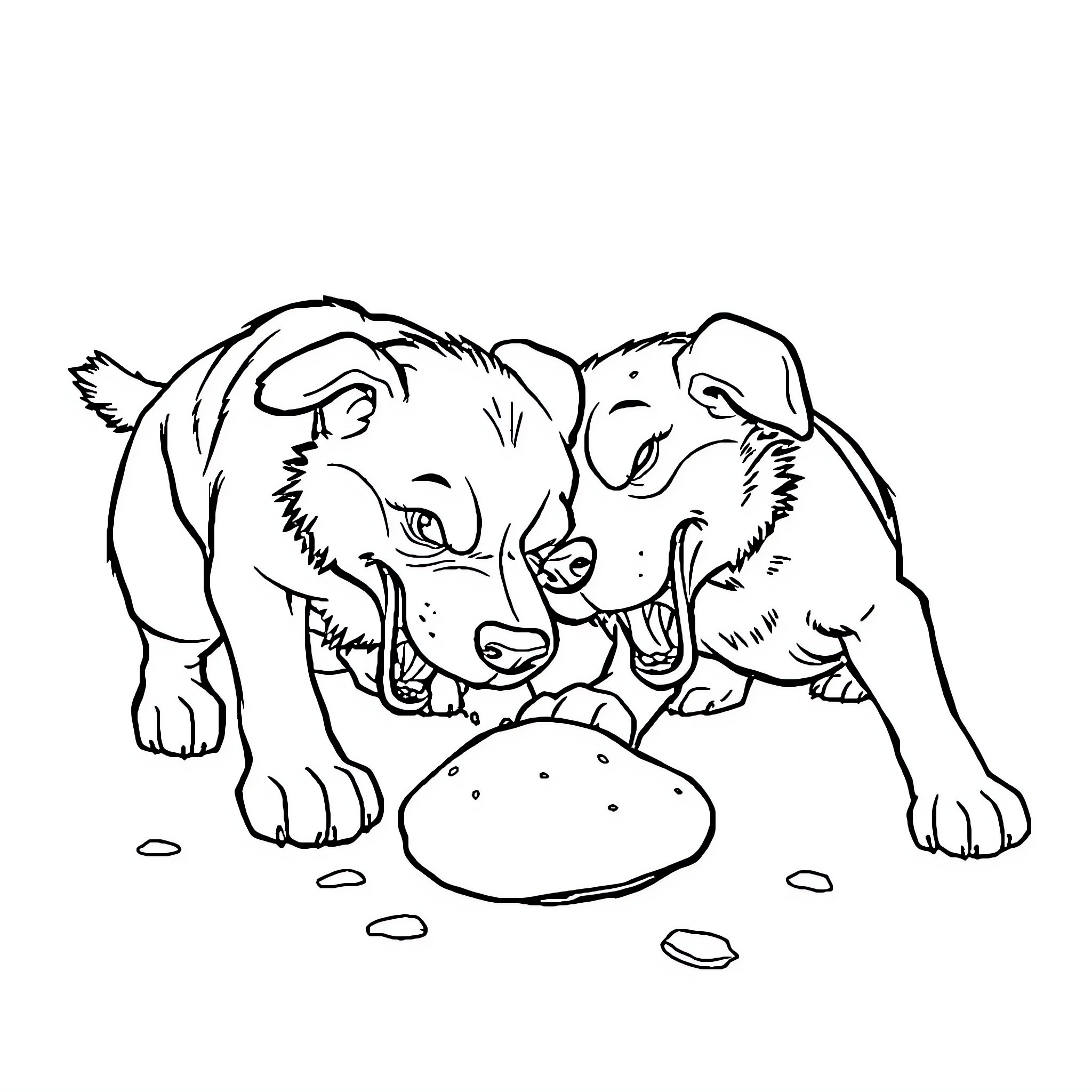 Dog friends playing with toy Coloring Page (free black-and-white line drawing printable PDF for all, from beginners to advanced learners, including children, teens, adults, and seniors)