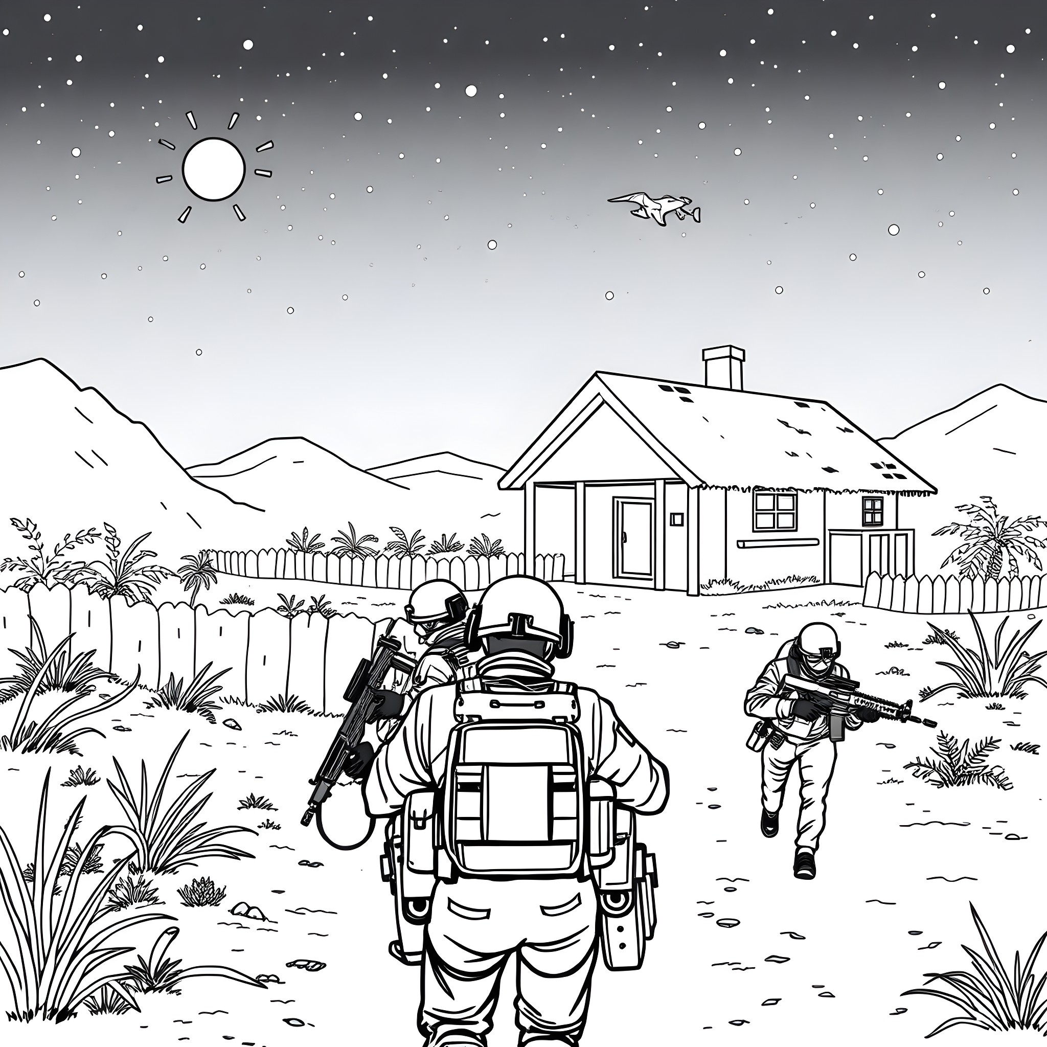 Seal astronauts exploring snowy mountain landscape Coloring Page (free black-and-white line drawing printable PDF for all, from beginners to advanced learners, including children, teens, adults, and seniors)