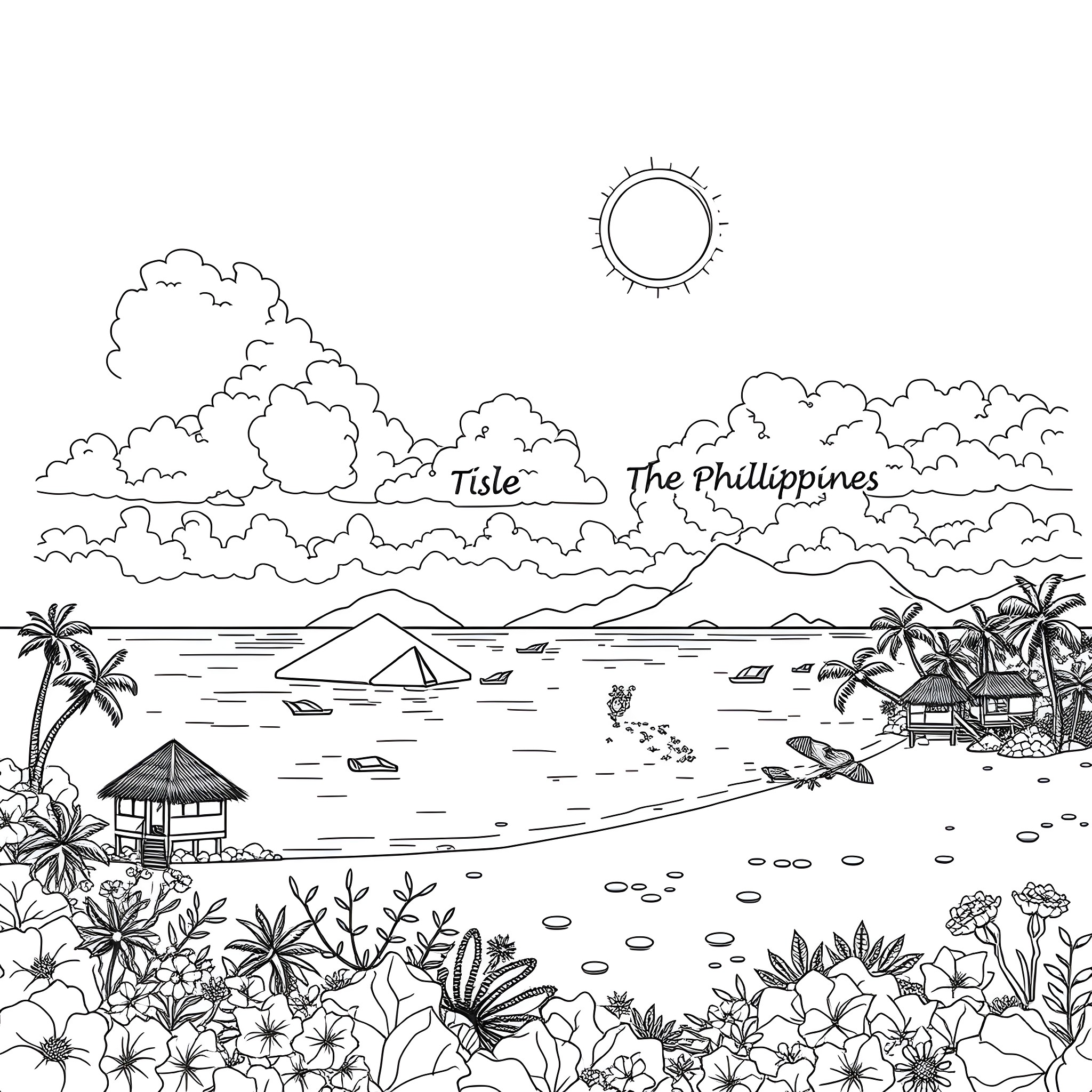 Philippines coastal village with boats and palm trees Coloring Page (free black-and-white line drawing printable PDF for all, from beginners to advanced learners, including children, teens, adults, and seniors)