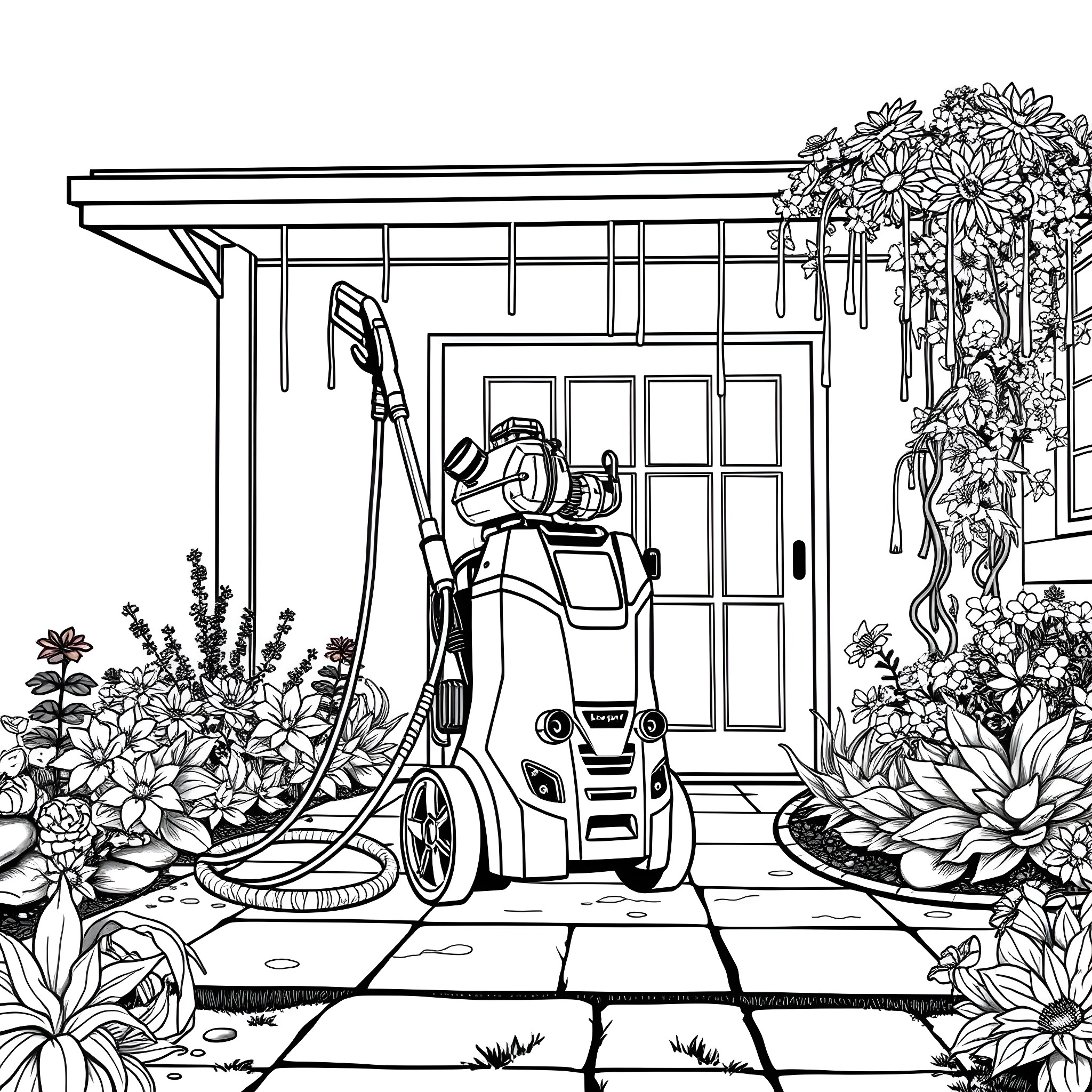 Power Washer Cleaning an Outdoor Patio Surrounded by Flowers Coloring Page (free black-and-white line drawing printable PDF for all, from beginners to advanced learners, including children, teens, adults, and seniors)