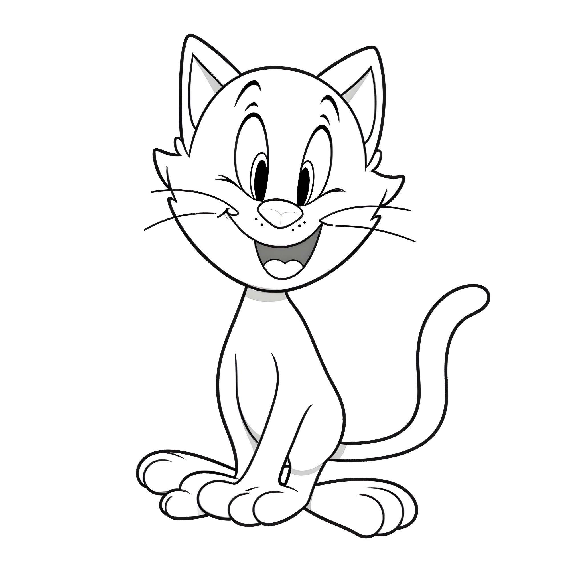 Felix the Happy Cartoon Cat Coloring Page (free black-and-white line drawing printable PDF for all, from beginners to advanced learners, including children, teens, adults, and seniors)