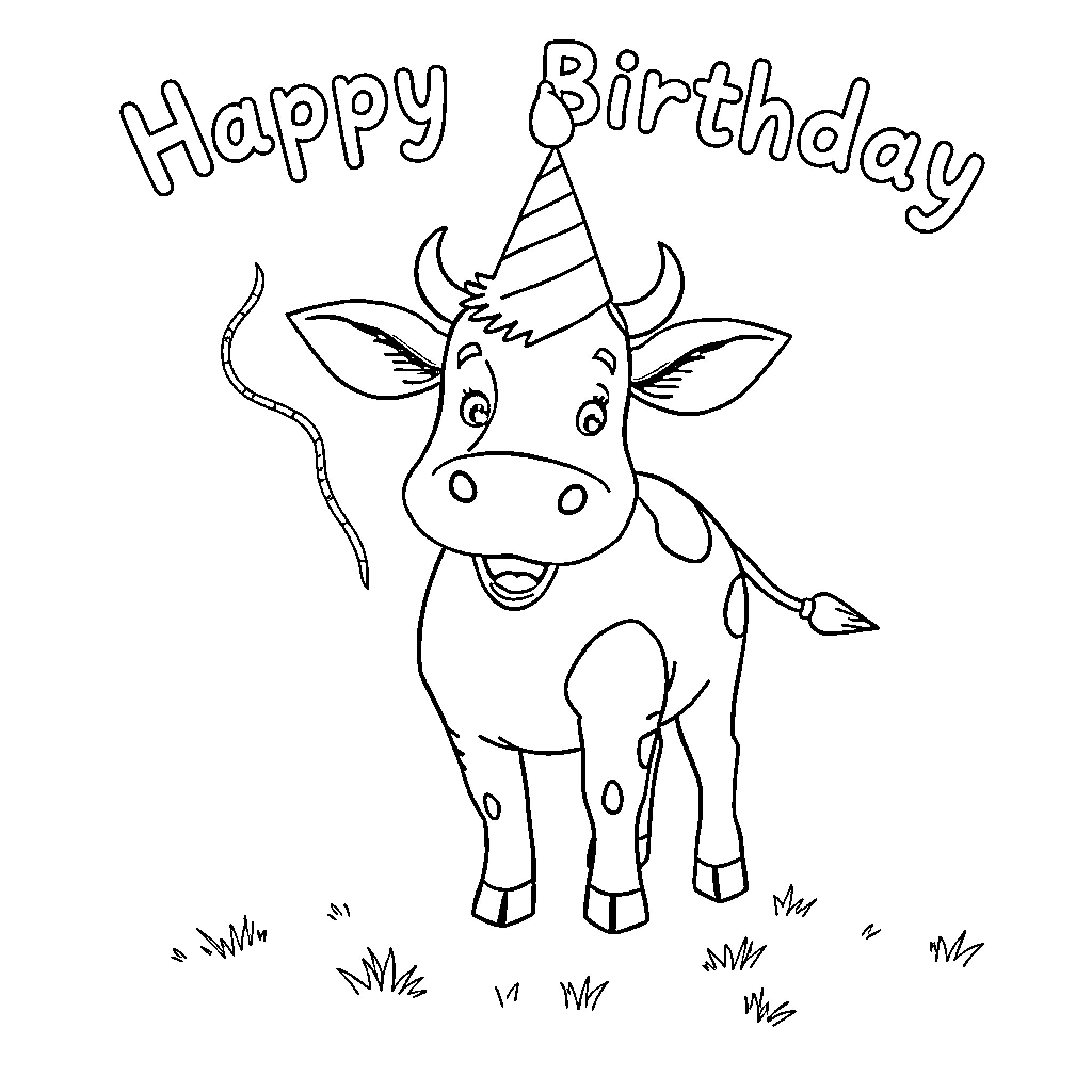 Cow celebrating happy birthday in party hat Coloring Page (free black-and-white line drawing printable PDF for all, from beginners to advanced learners, including children, teens, adults, and seniors)
