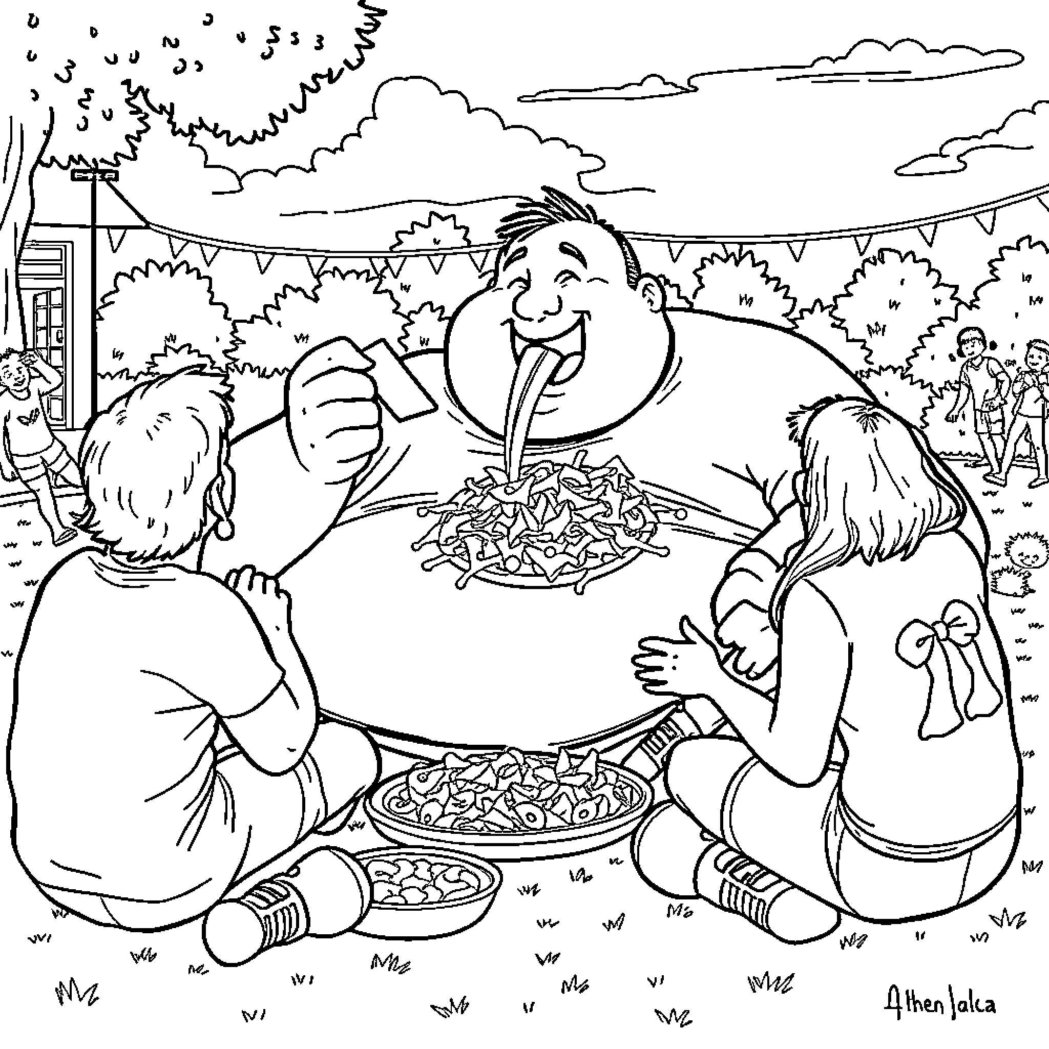 Football fans enjoying a tailgate party with food and festive decorations Coloring Page (free black-and-white line drawing printable PDF for all, from beginners to advanced learners, including children, teens, adults, and seniors)