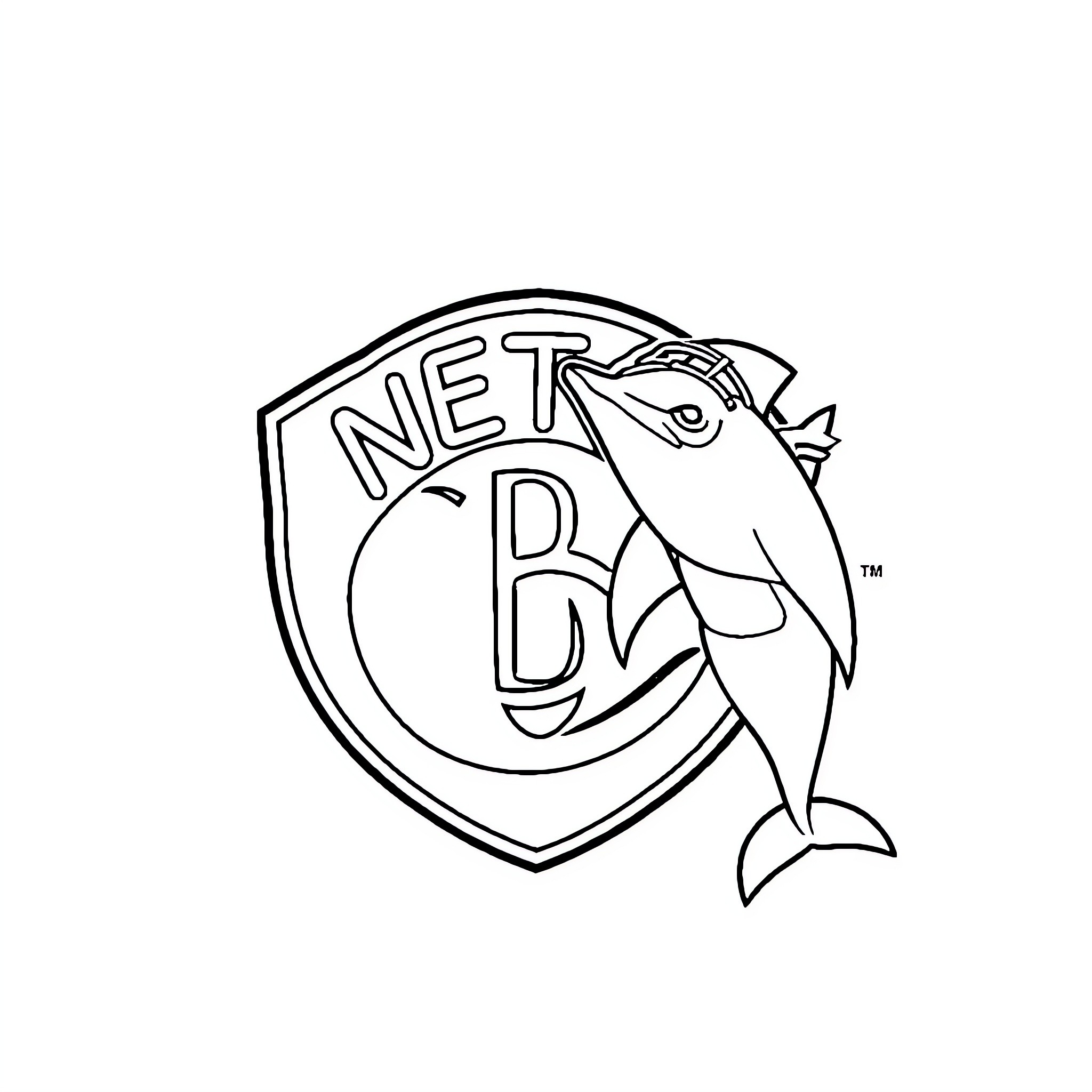 Brooklyn Nets Logo with Jumping Dolphin Mascot Coloring Page (free black-and-white line drawing printable PDF for all, from beginners to advanced learners, including children, teens, adults, and seniors)
